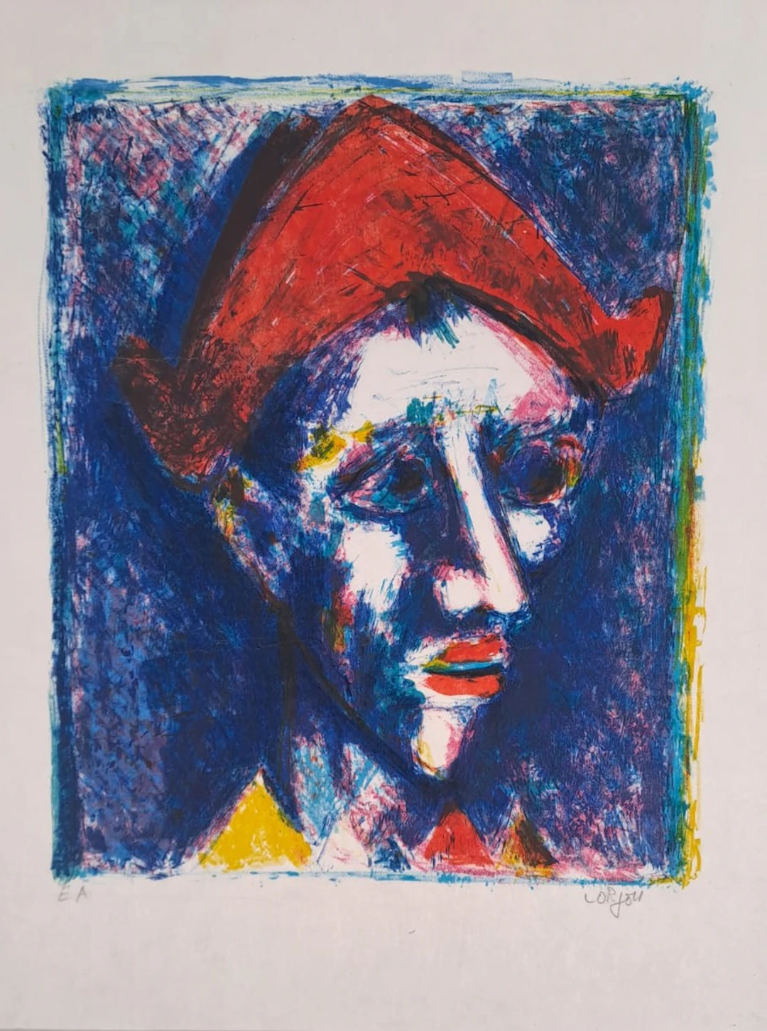 Bernard Lorjou - Le clown au chapeau rouge - Lithographie originale