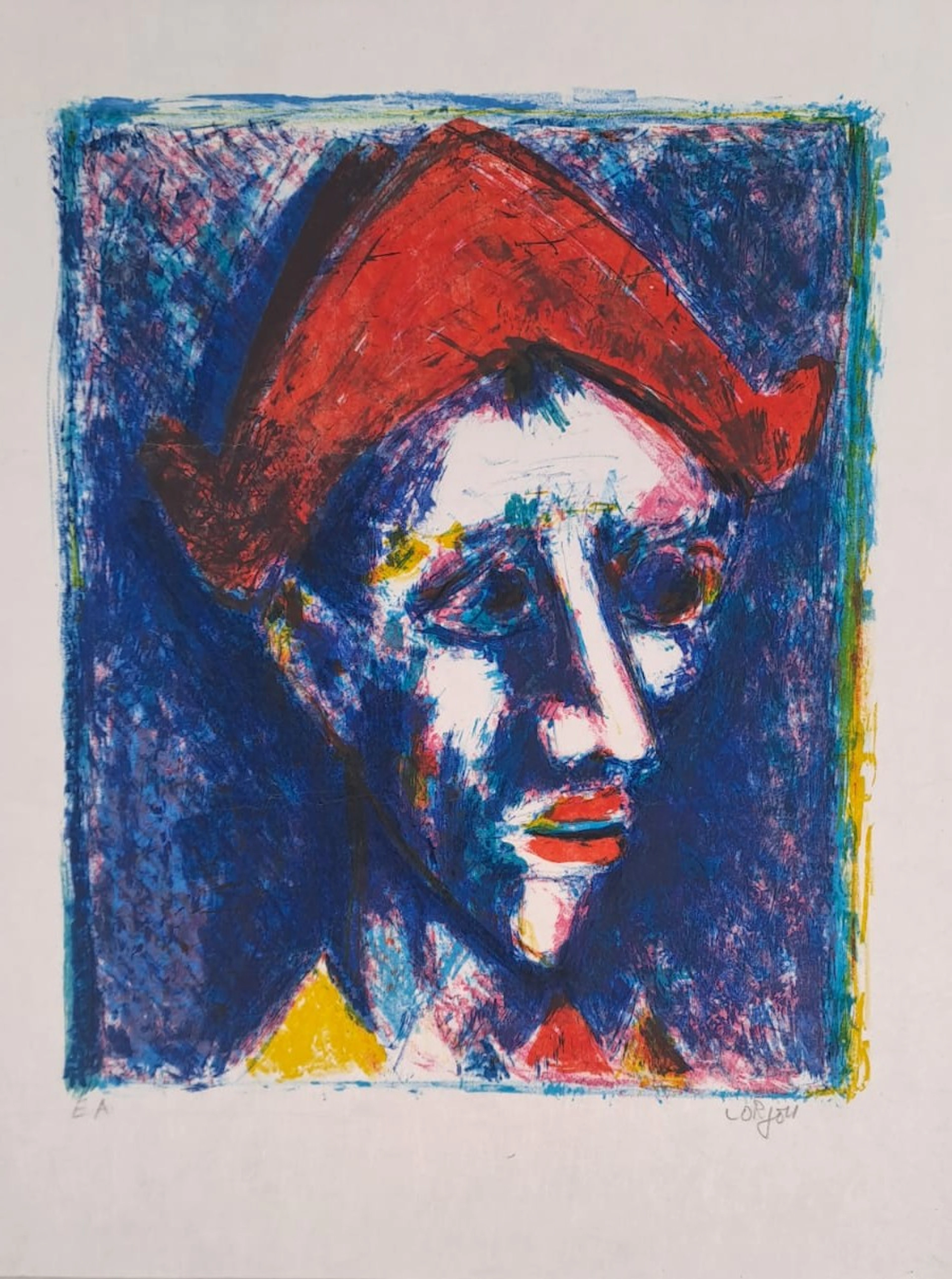 Bernard Lorjou - Le clown au chapeau rouge - Lithographie originale