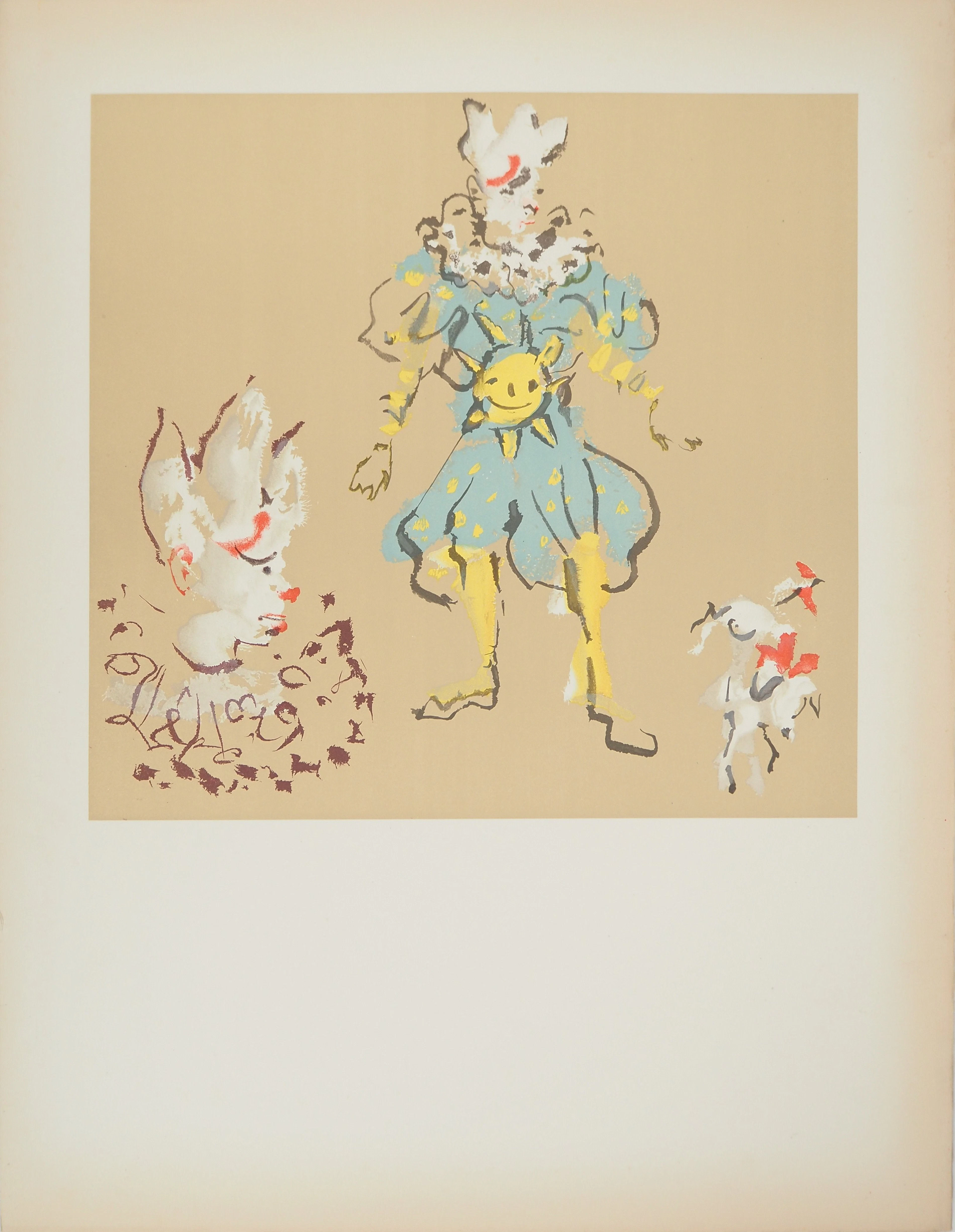 Christian BERARD : Théâtre, Clown et Arlequin au soleil, Lithographie