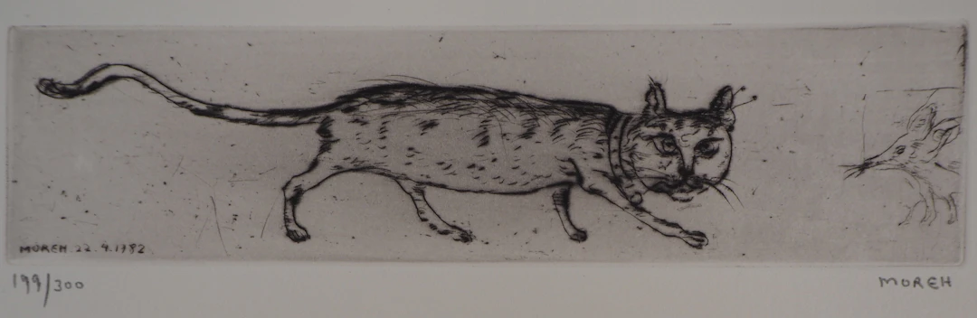 Mordecai MOREH - Le chat et la souris, 1982 - Gravure originale Signée