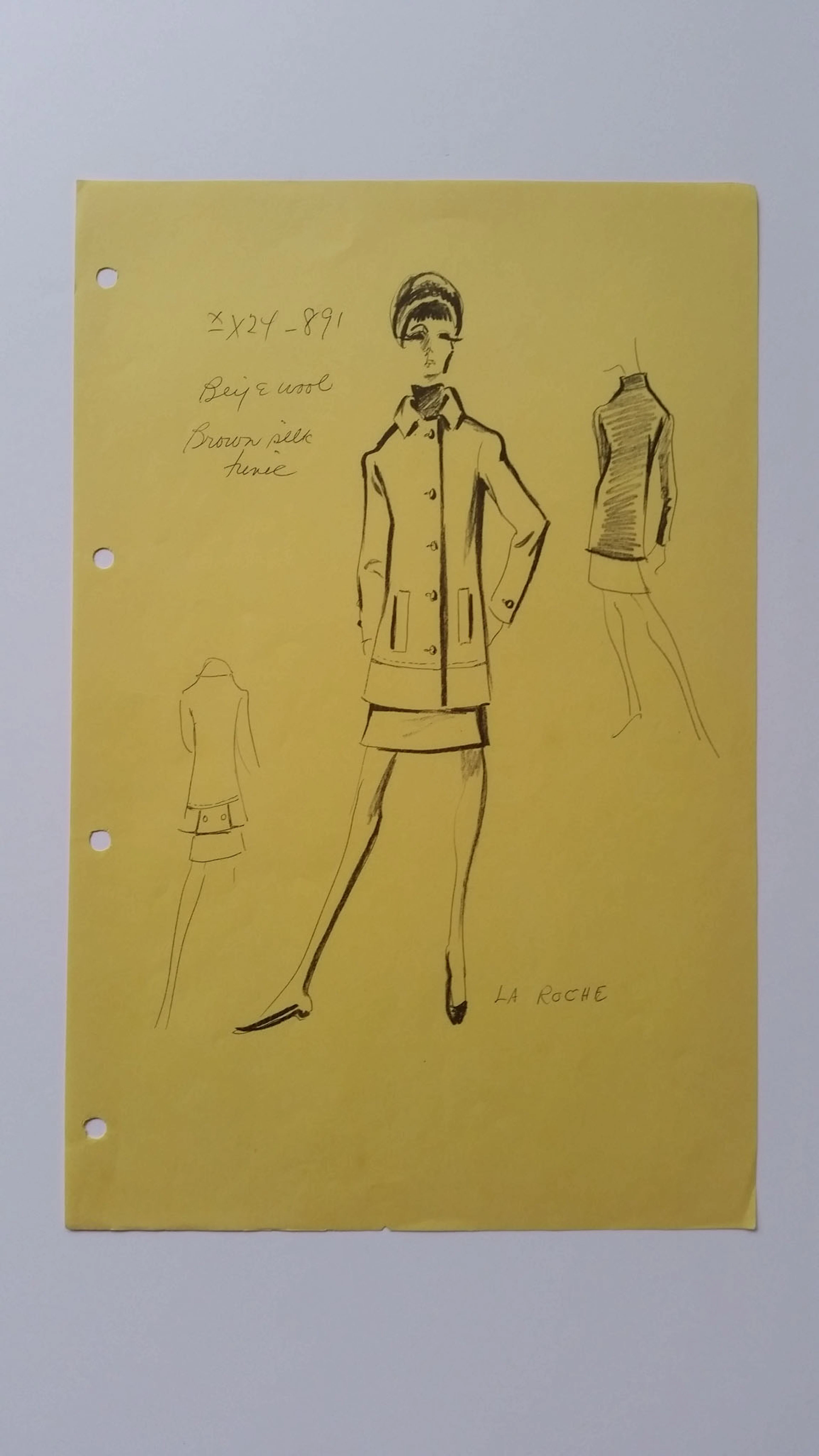 Guy Laroche - Croquis tailleur jupe - Beige wool brown silk tunic