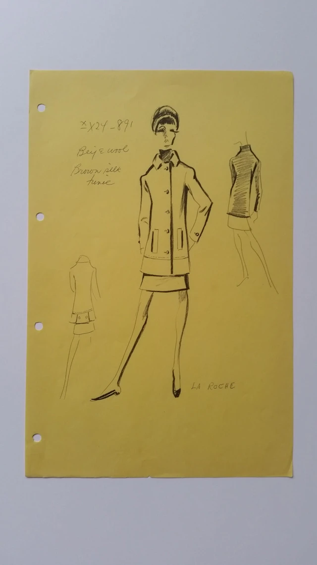 Guy Laroche - Croquis tailleur jupe - Beige wool brown silk tunic