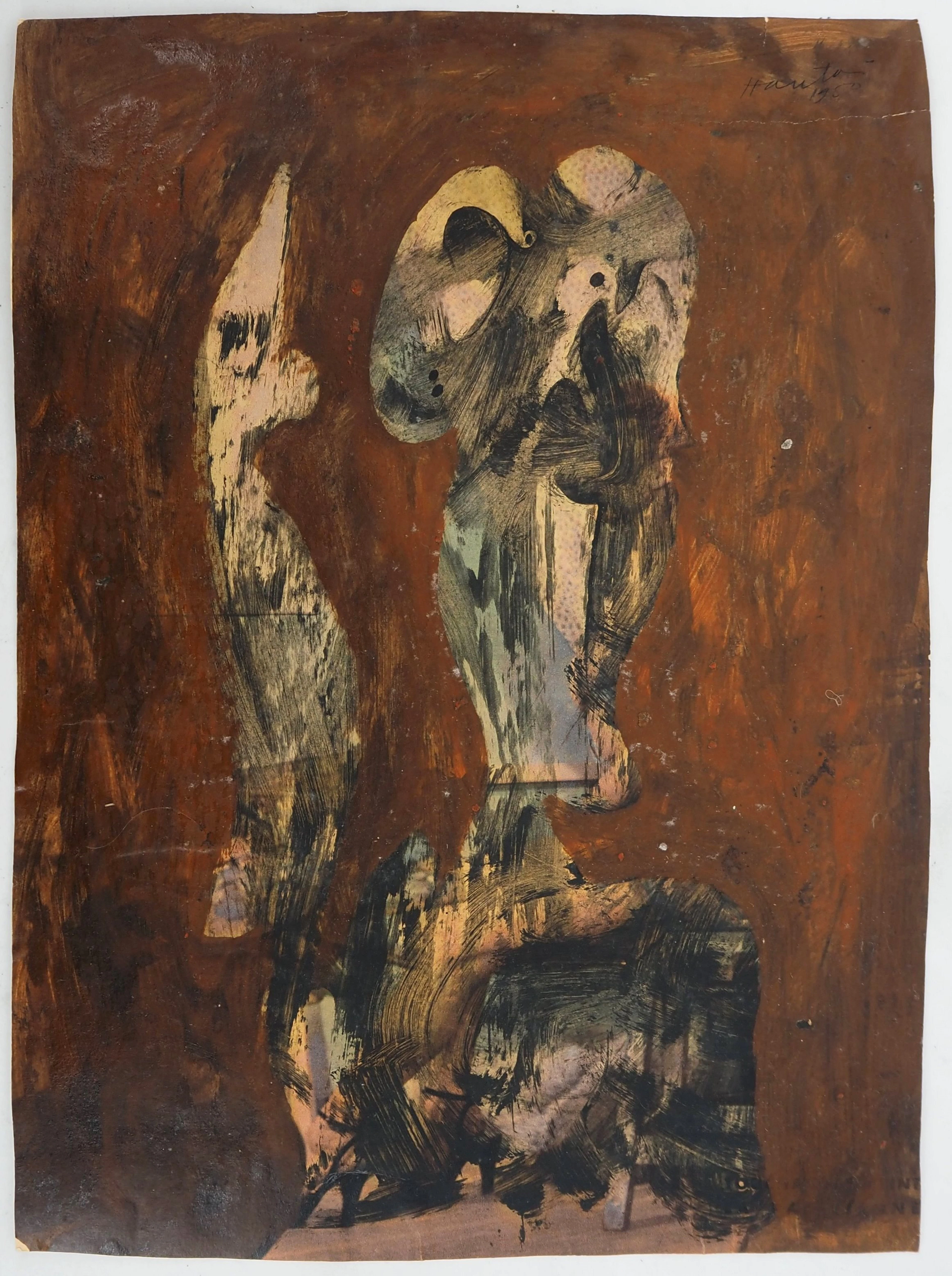 Simon Hantaï : Personnage surréaliste, Huile sur papier signée