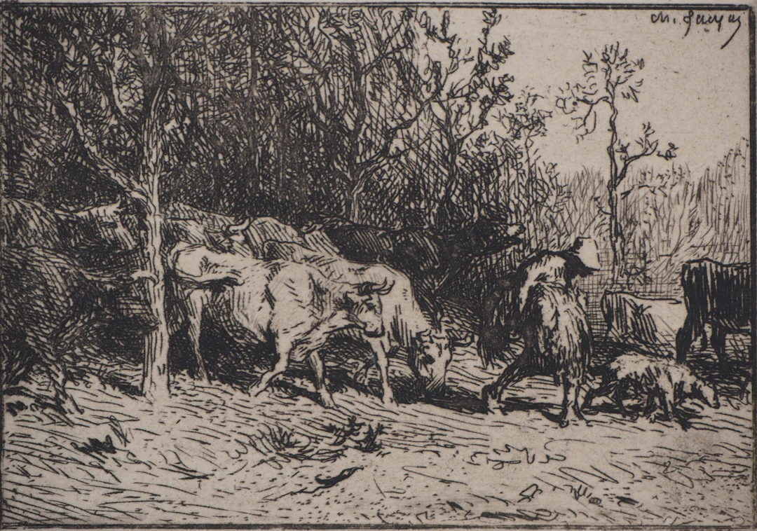 Charles Emile JACQUES : Paysage troupeau de vaches - Eau forte Originale Signée
