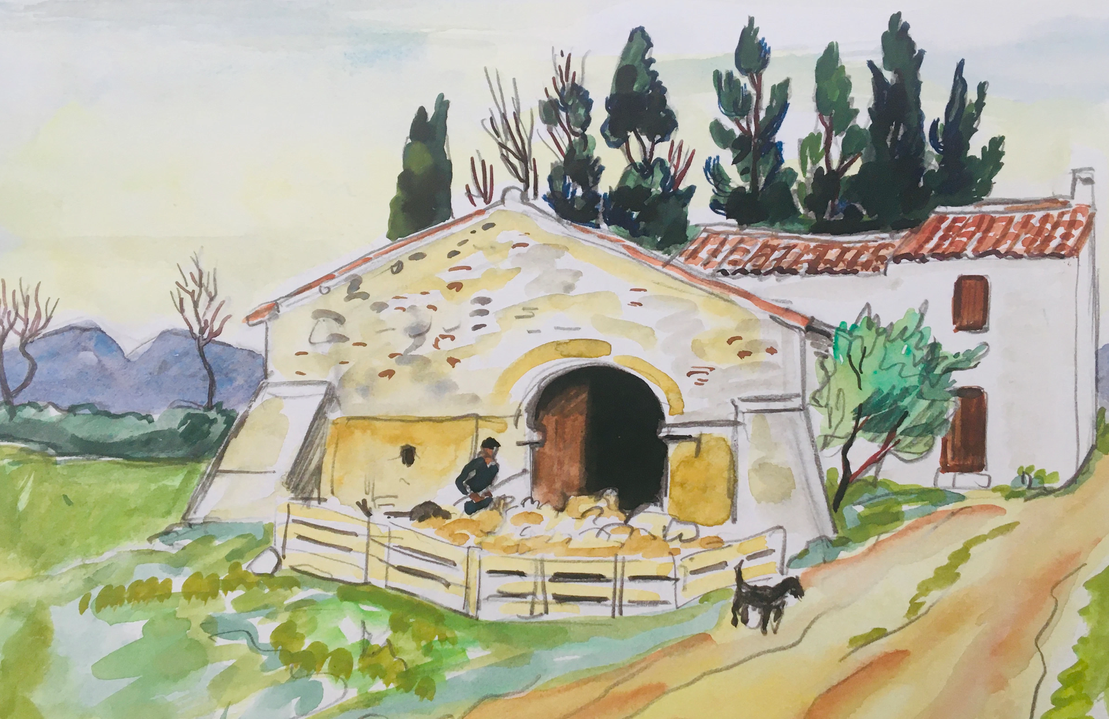 Yves BRAYER - Bergerie en Provence, Le Destet, 1973 - Aquarelle originale
