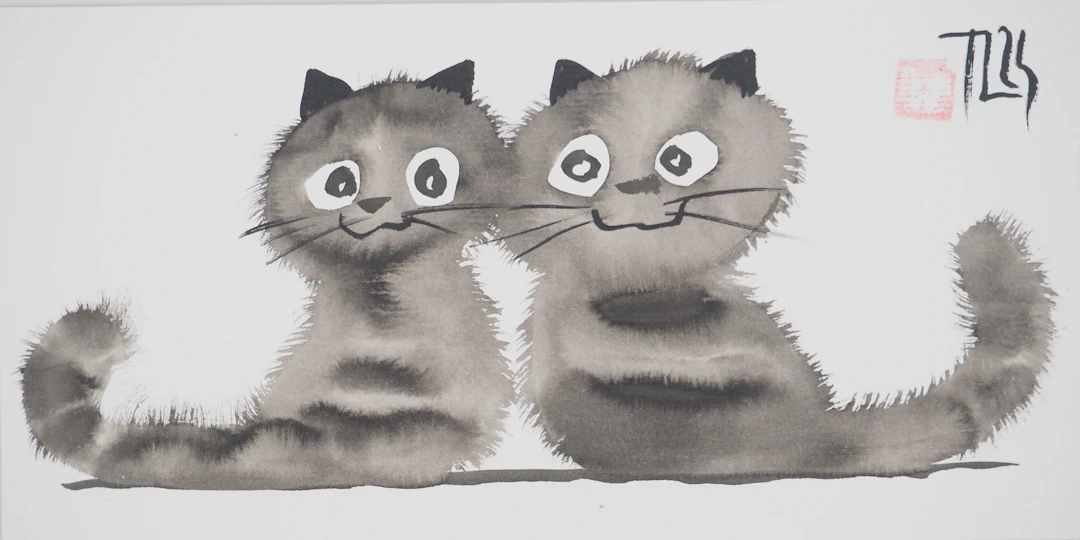 Laszlo TIBAY : Deux chatons heureux - Dessin original signé
