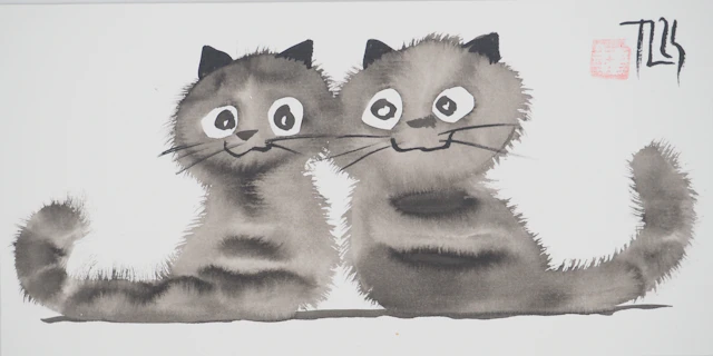 Laszlo TIBAY : Deux chatons heureux - Dessin original signé