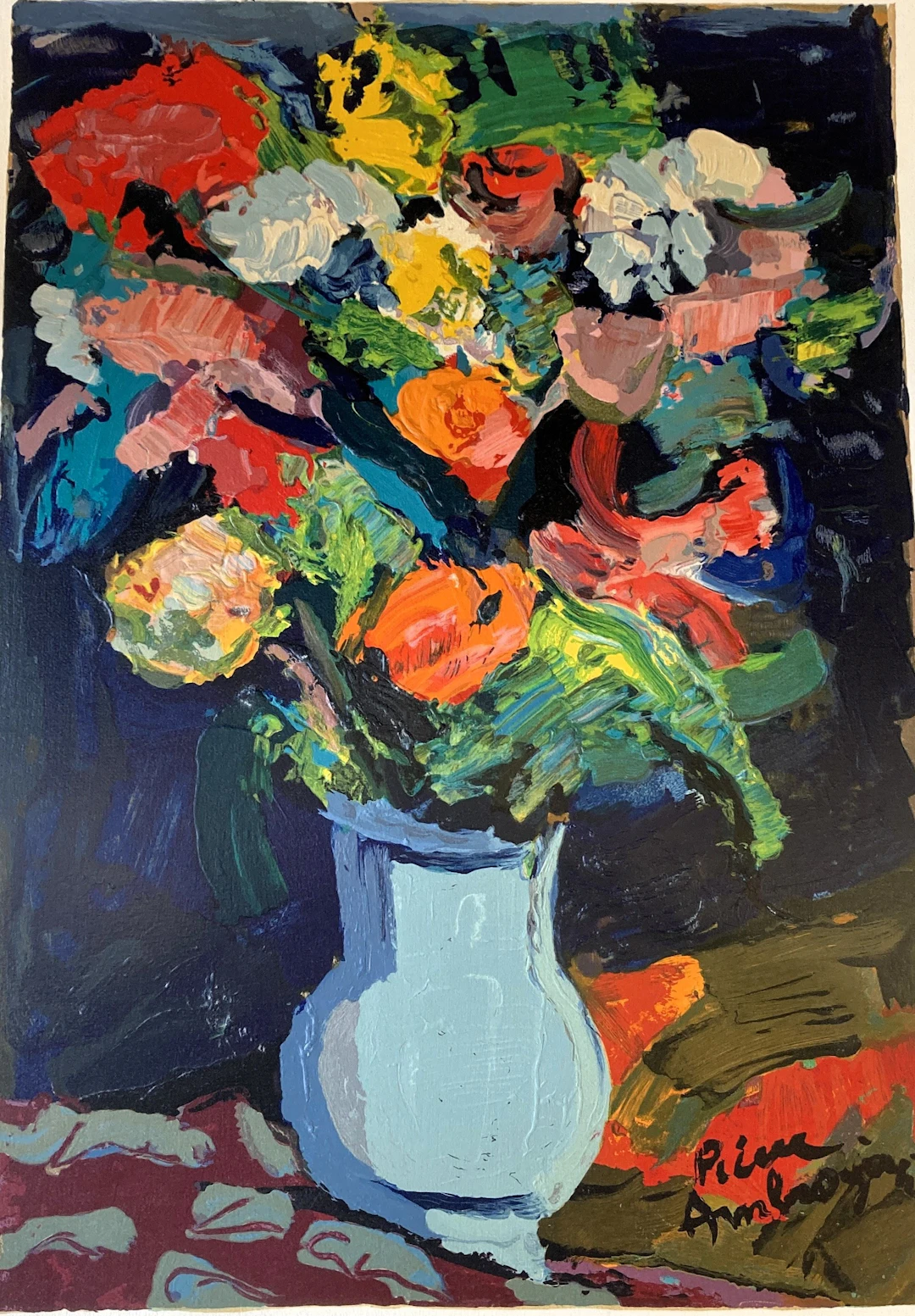 Pierre AMBROGIANI - Bouquet de fleurs, gravure sur bois gaufrée