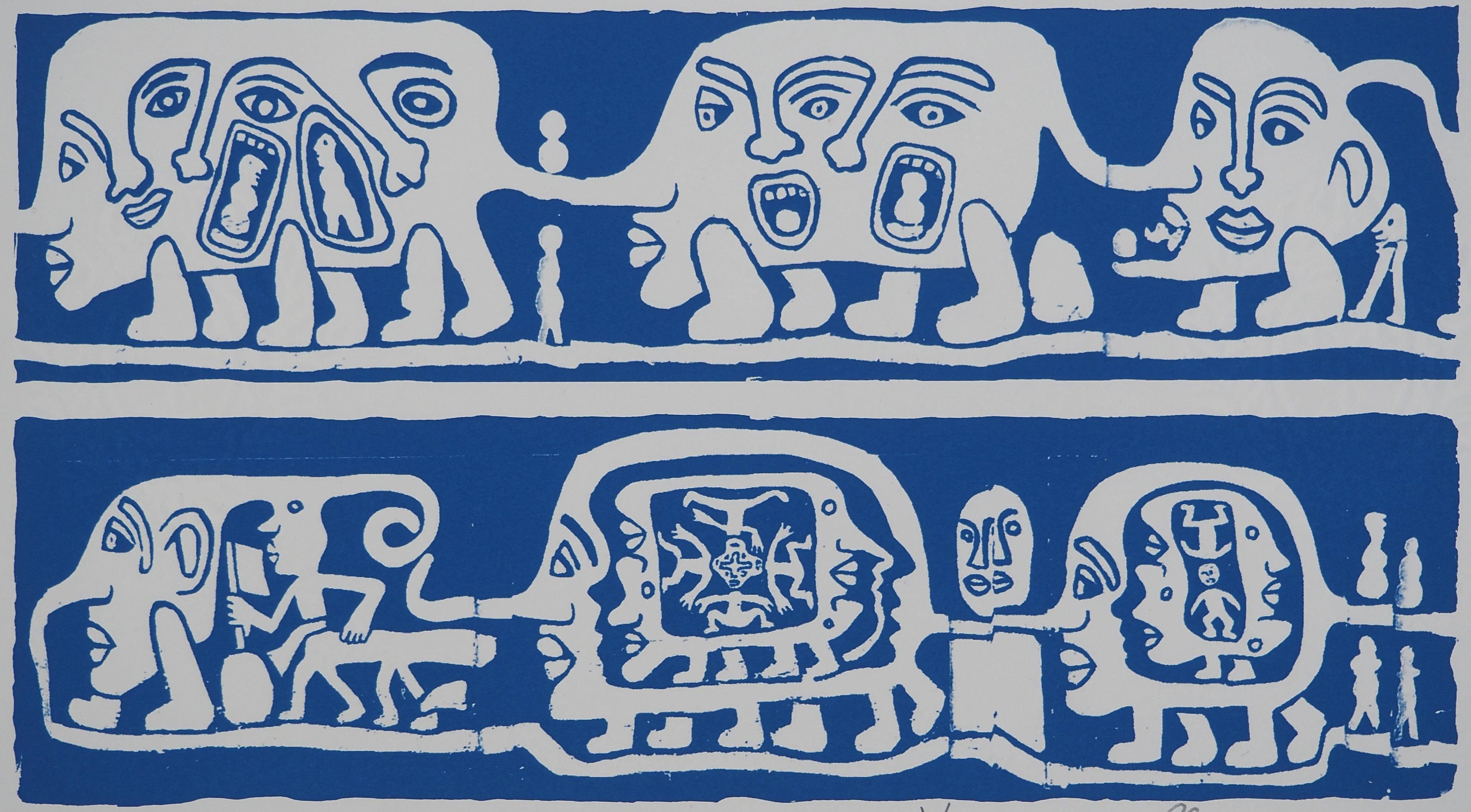 Yvon TAILLANDIER : Catitipède aux visages en bleu, Sérigraphie originale signée