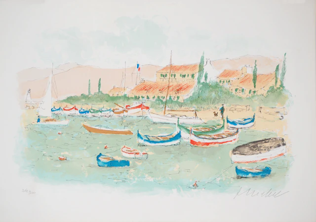 Urbain HUCHET : Les barques colorées - Lithographie signée au crayon