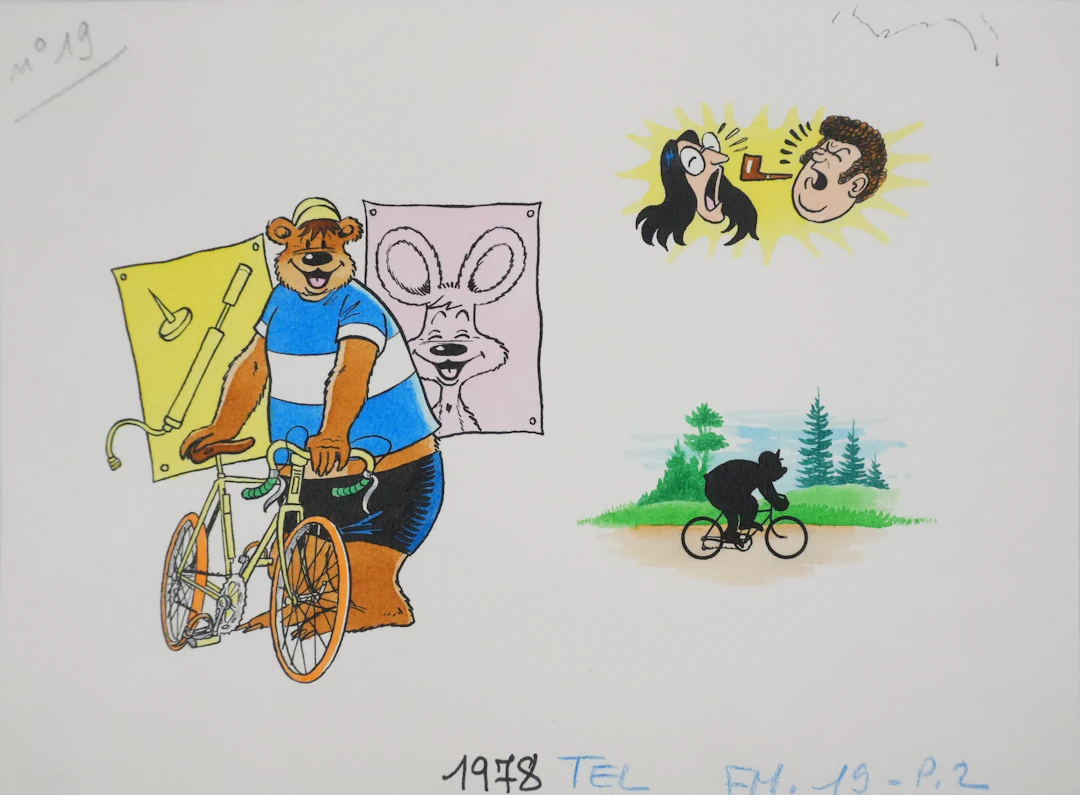 Roger BUSSEMEY : Nestor fait du vélo, Aquarelle originale