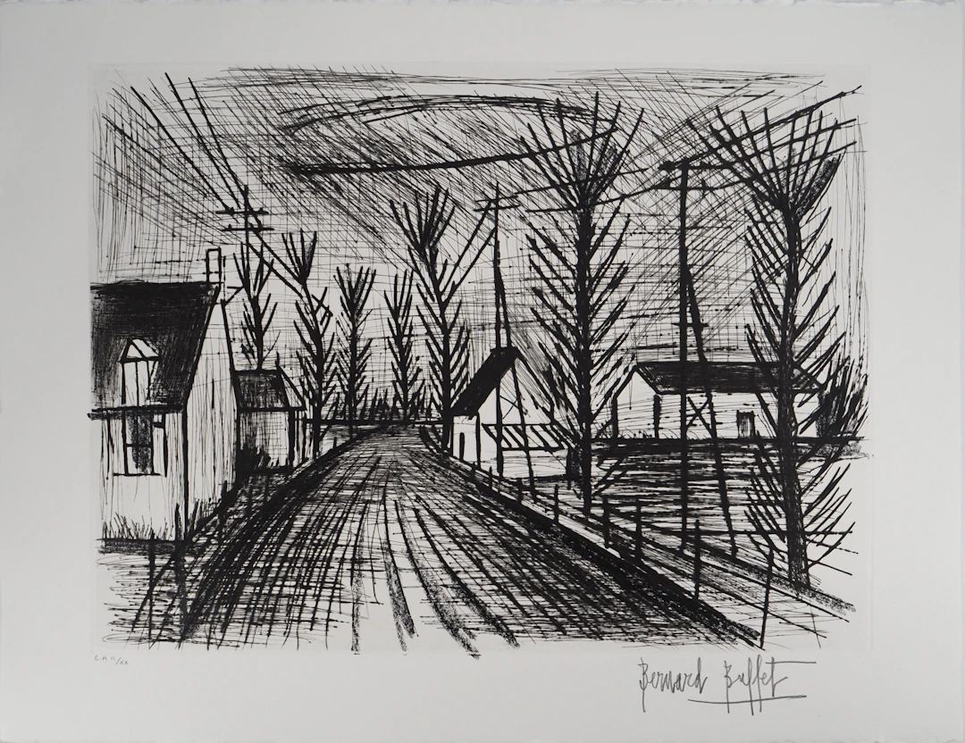 Bernard BUFFET : Route de village, Gravure originale signée