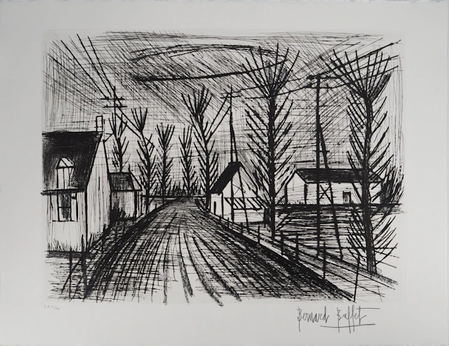 Bernard BUFFET : Route de village, Gravure originale signée
