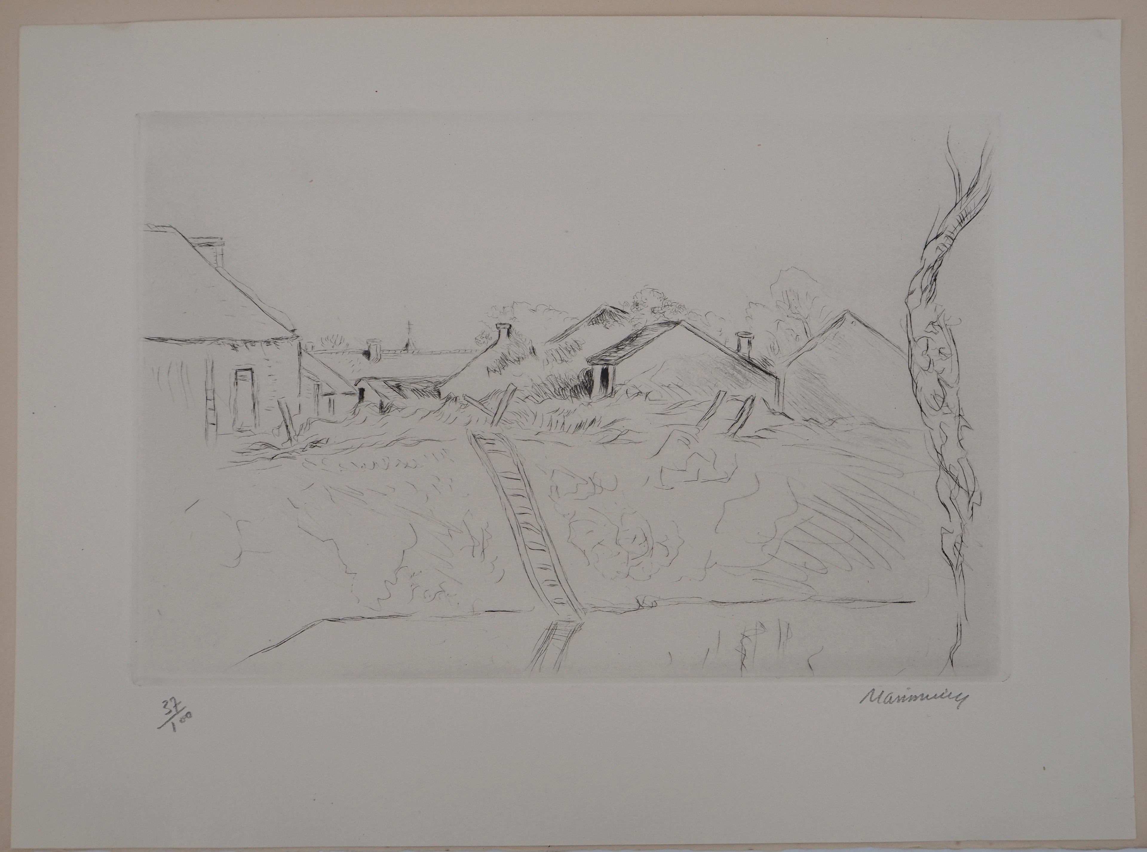 Lucien MAINSSIEUX : Cour de ferme berrichonne - Gravure Originale Signée, 1949
