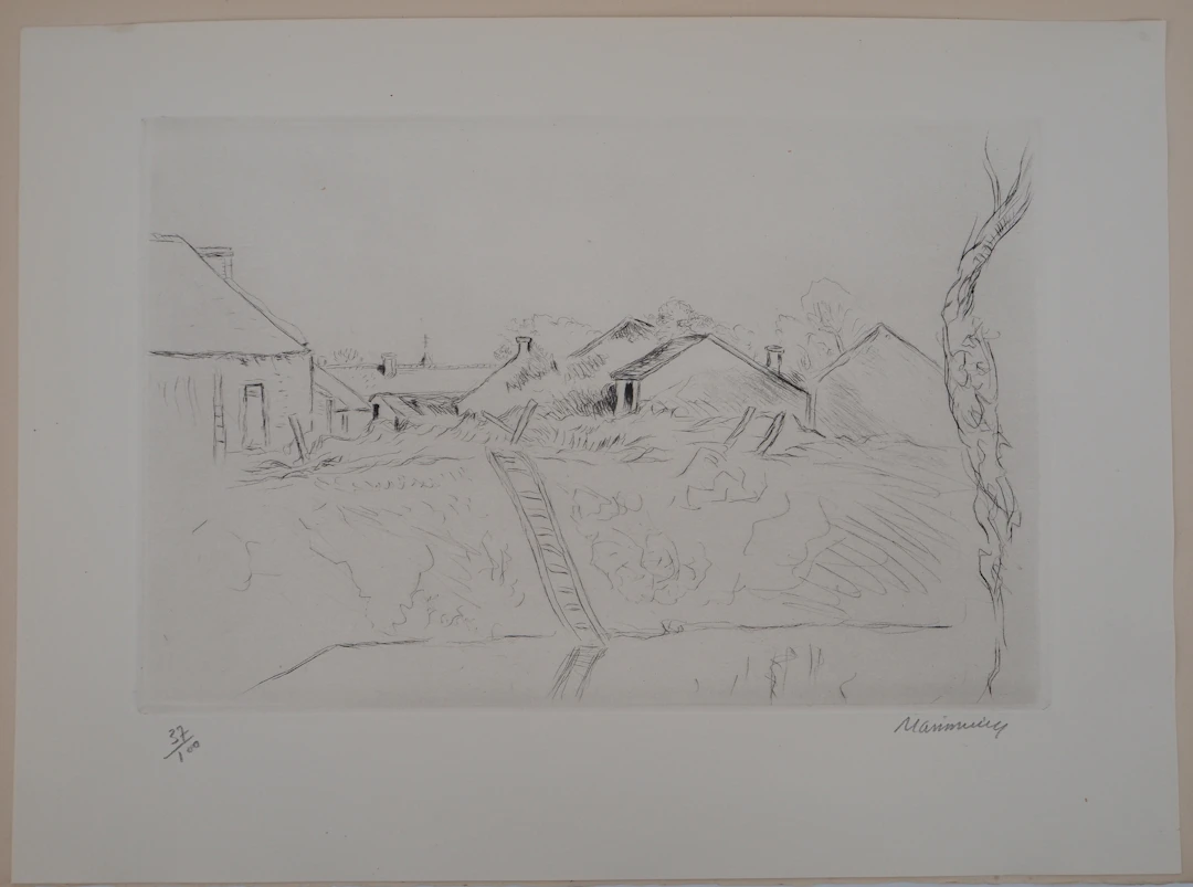 Lucien MAINSSIEUX : Cour de ferme berrichonne - Gravure Originale Signée, 1949