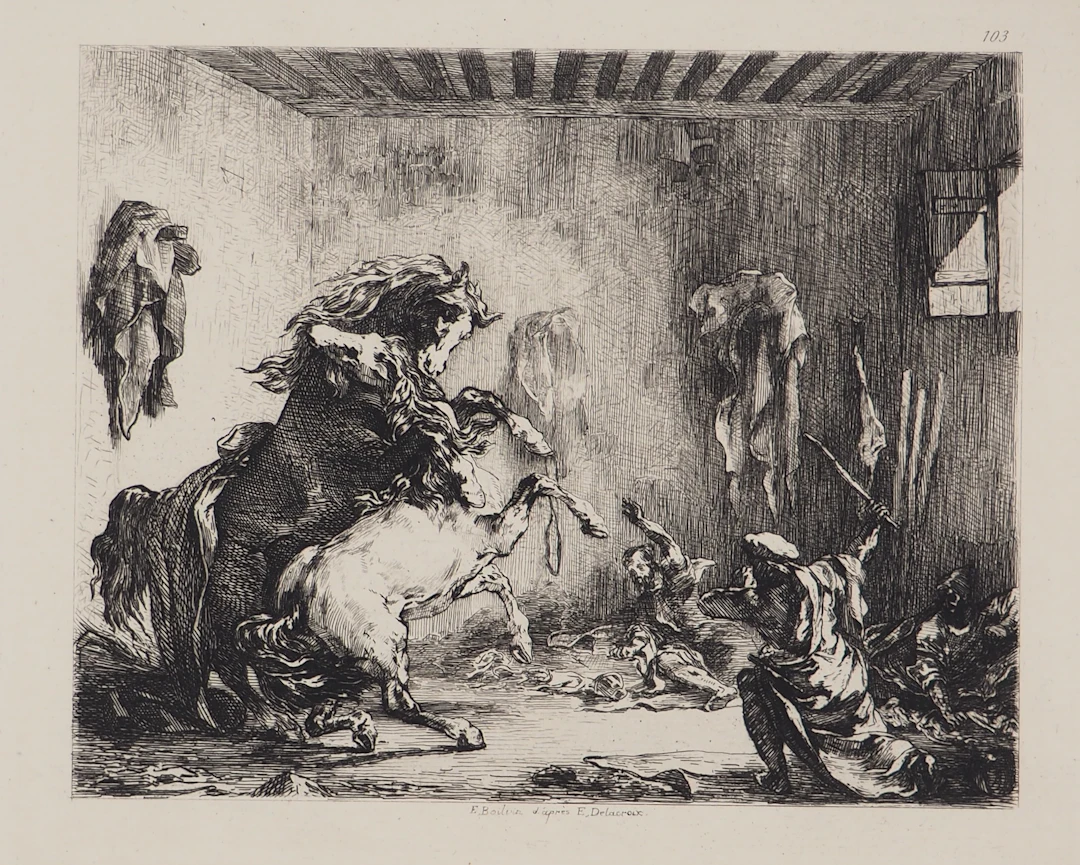 Eugène DELACROIX - Chevaux se battant dans une écurie, 1873 - Gravure signée