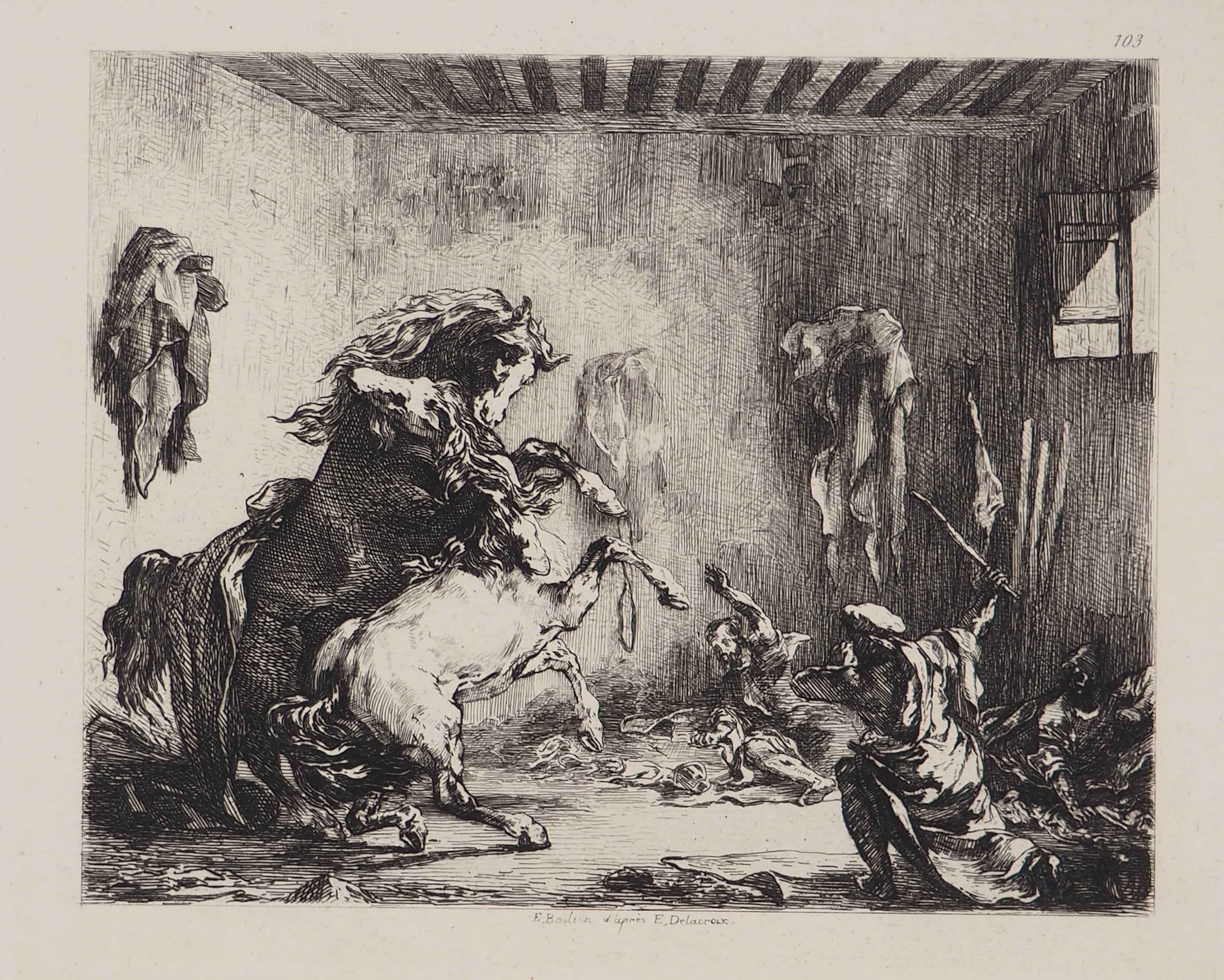 Eugène DELACROIX - Chevaux se battant dans une écurie, 1873 - Gravure signée