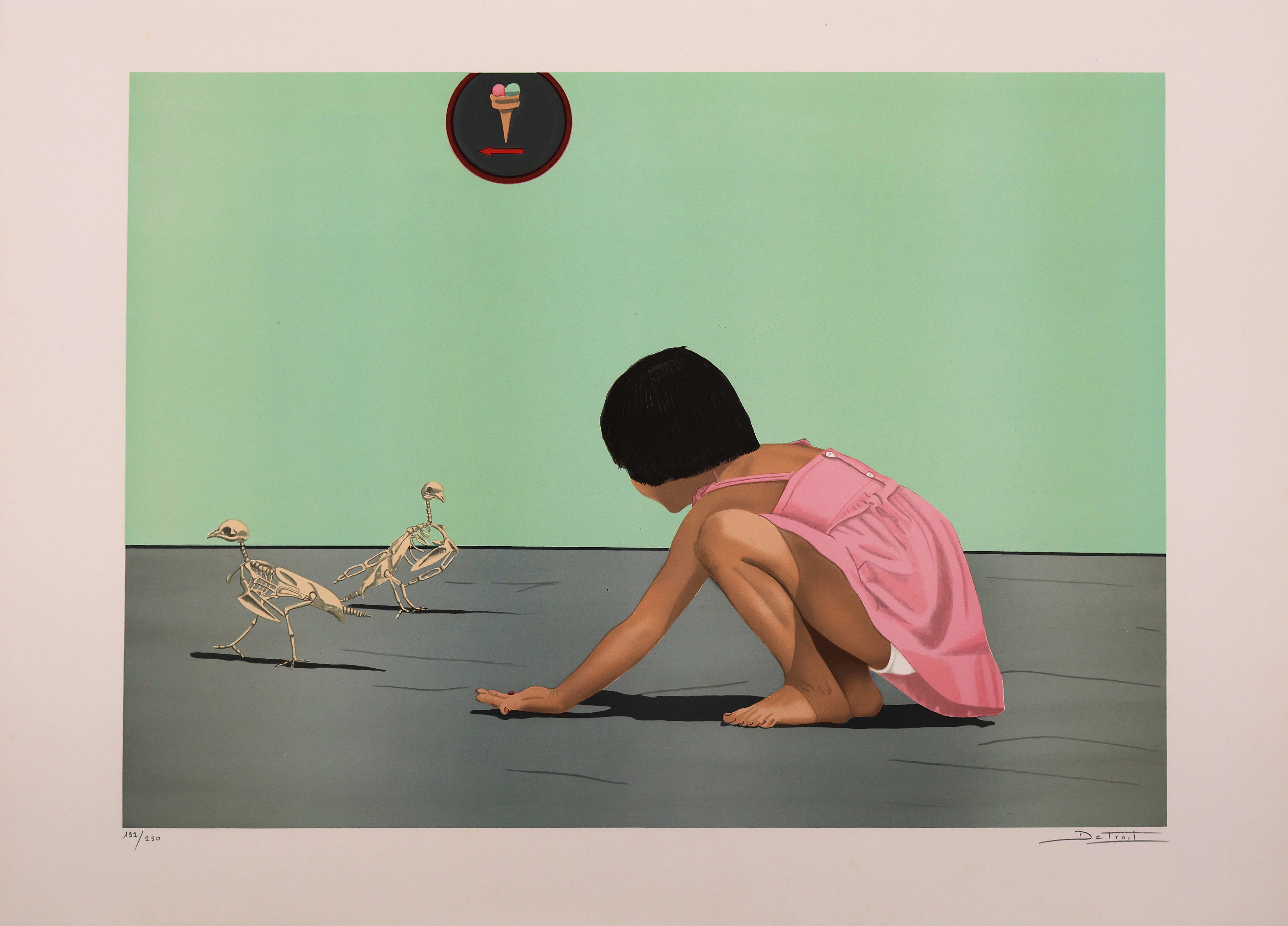 Jacques DETRAIT : Jeune Fille et les oiseaux, Lithographie originale signée