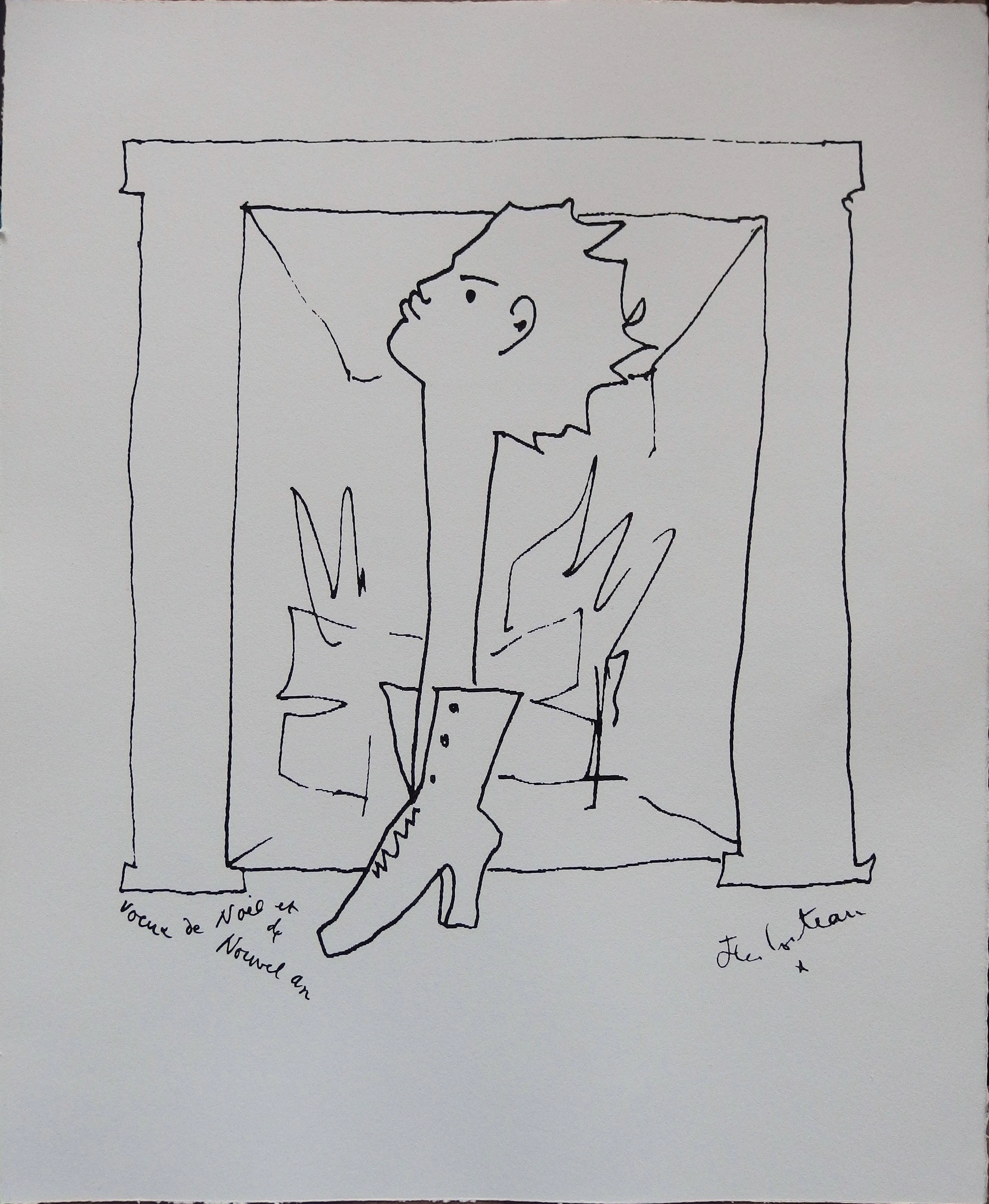 Jean COCTEAU : Voeux, Homme chaussure - Lithographie signée