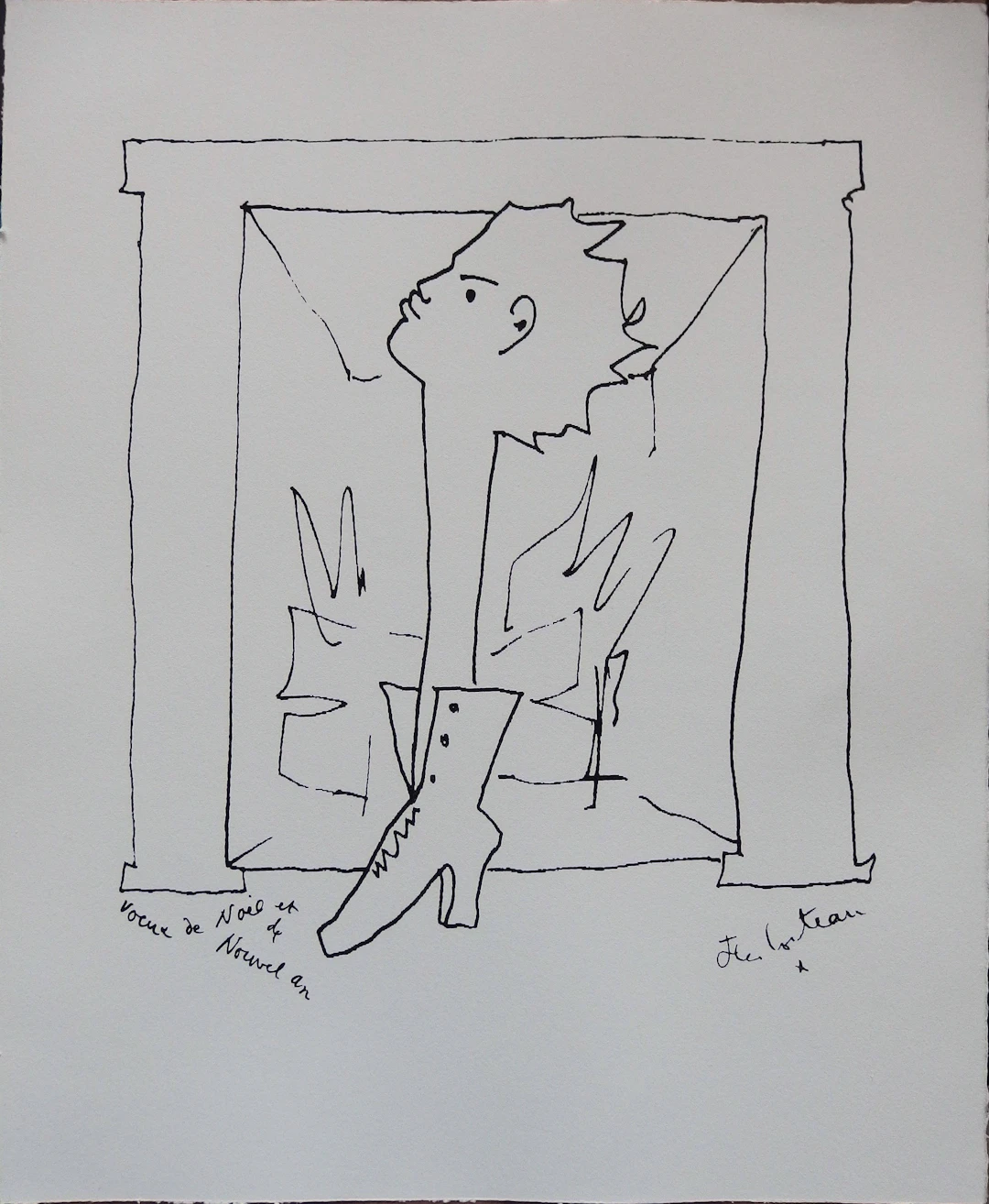 Jean COCTEAU : Voeux, Homme chaussure - Lithographie signée