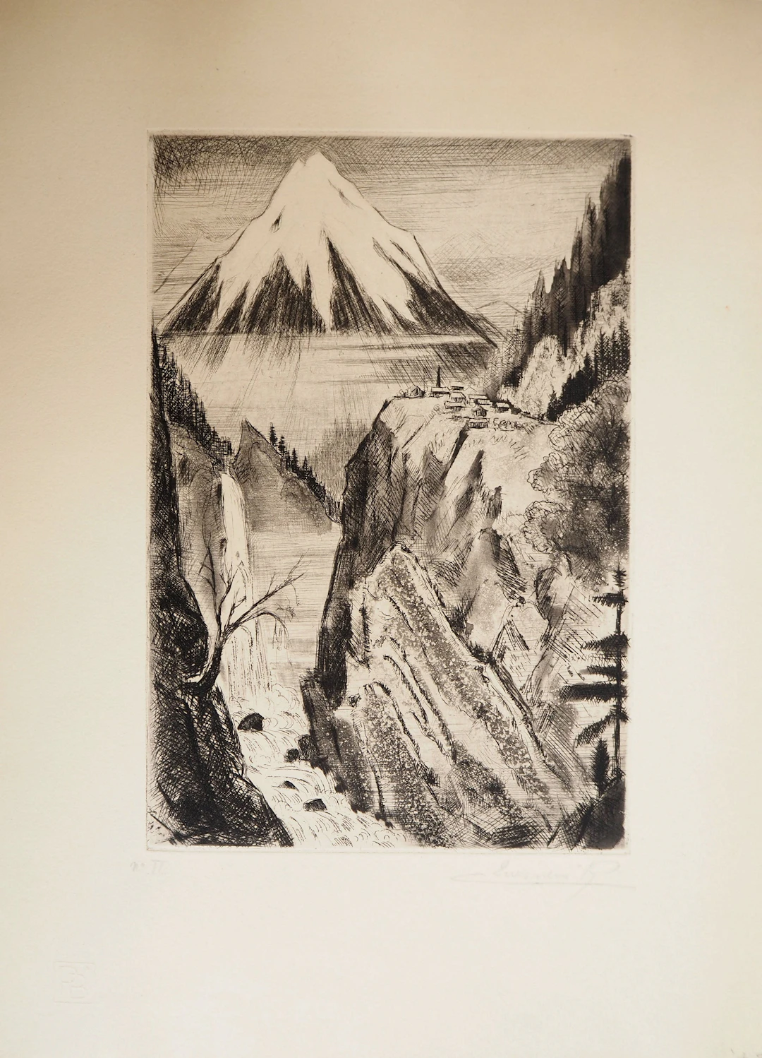 Camille QUESNEVILLE - Cascade japonaise, vers 1950 - Gravure originale, signée