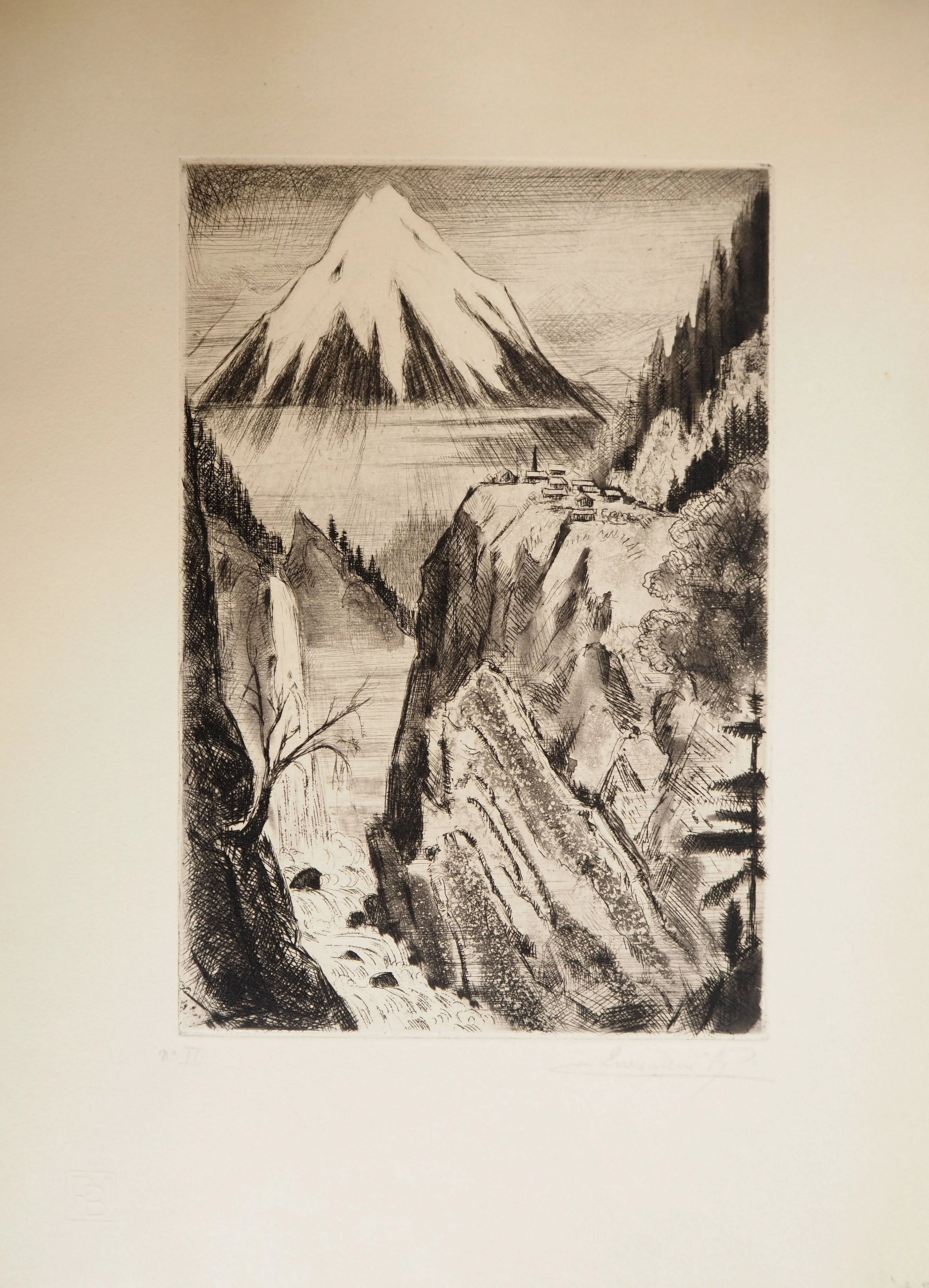 Camille QUESNEVILLE - Cascade japonaise, vers 1950 - Gravure originale, signée