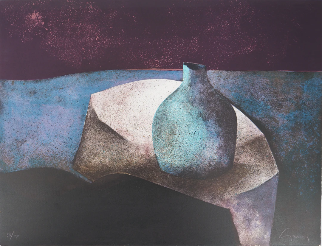 Claude GAVEAU : Nature morte au vase bleu - Lithographie originale signée