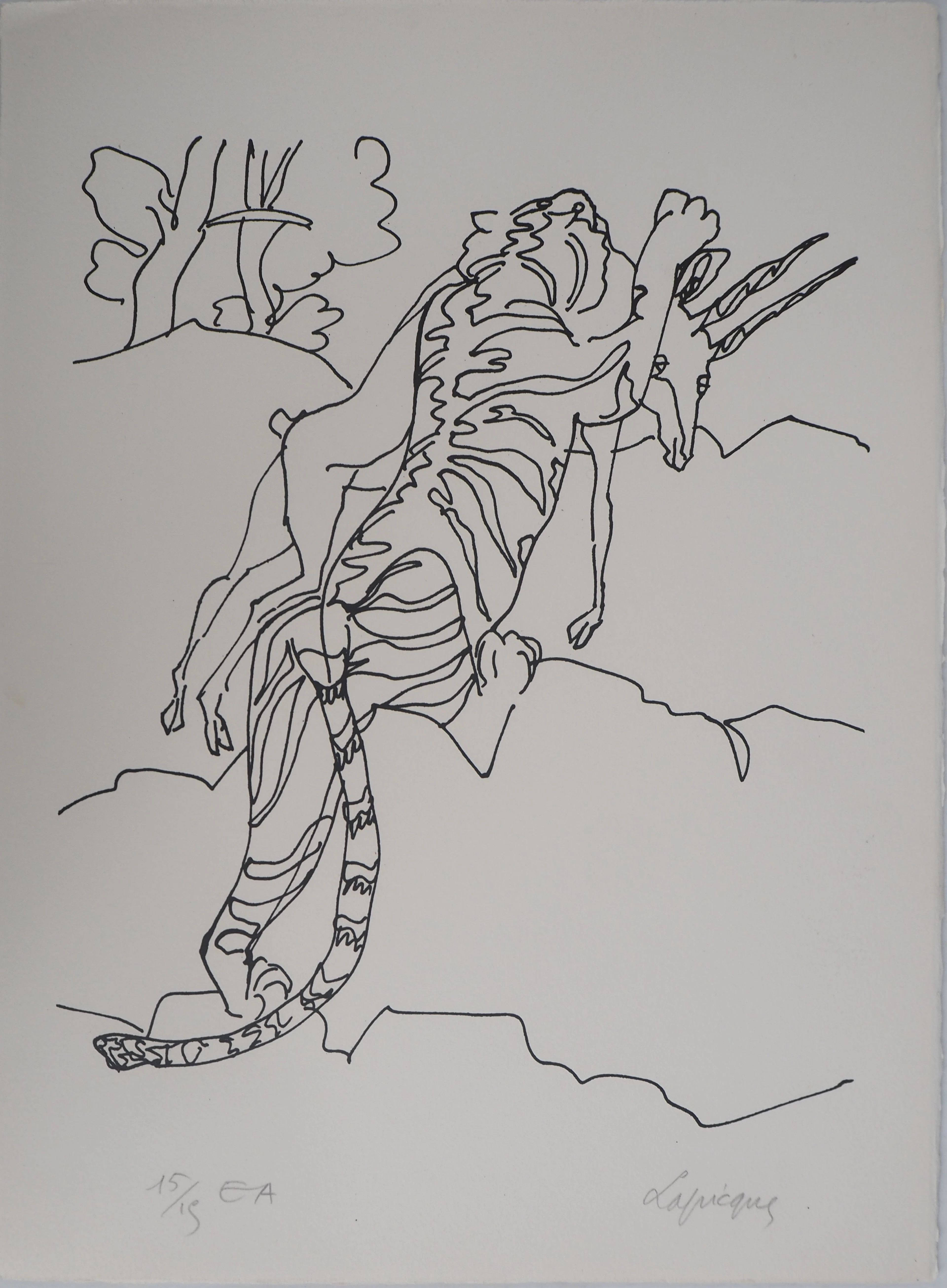 Charles LAPICQUE - Le tigre des Ming et l'antilope, 1961 - Lithographie