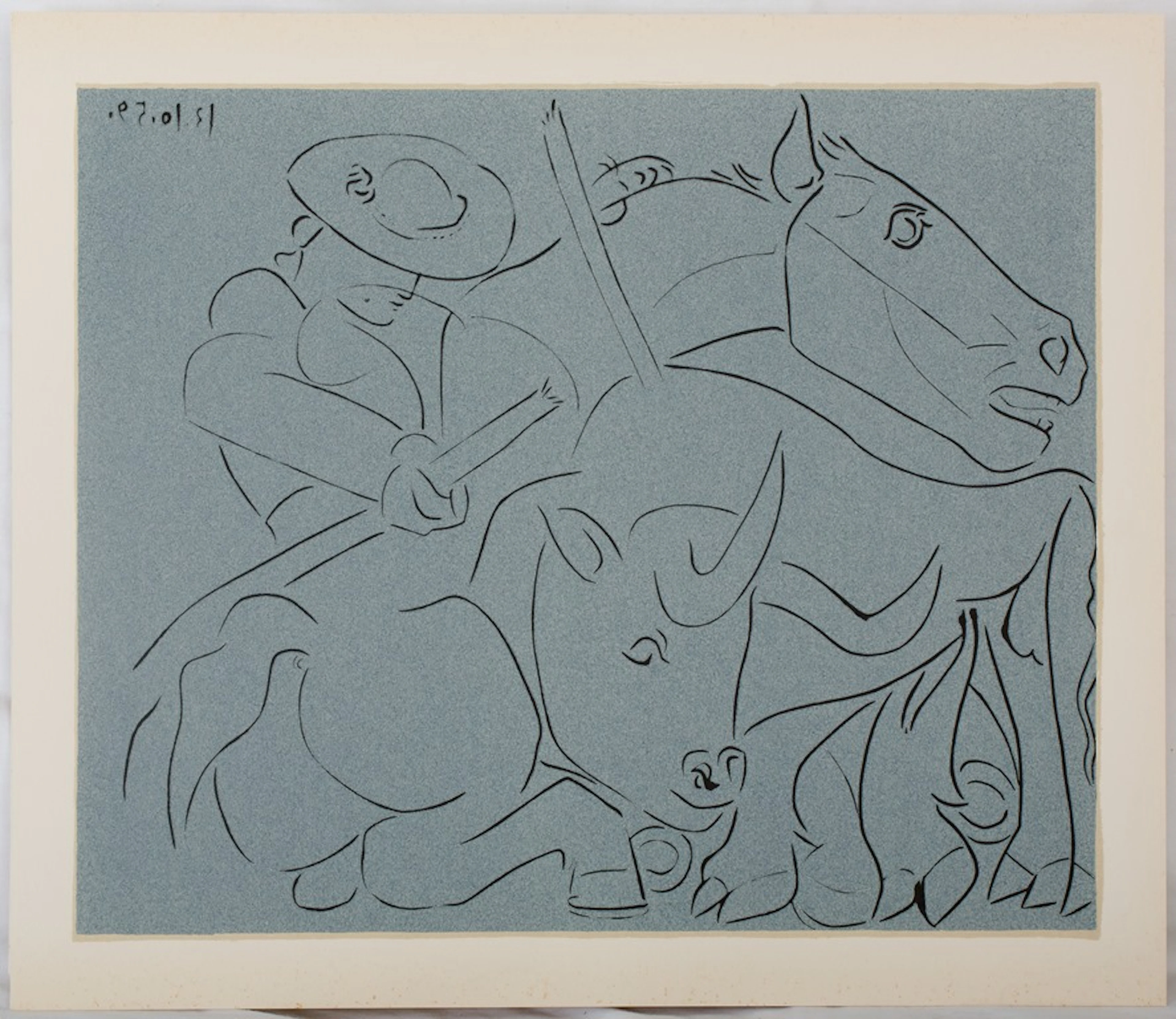 Pablo PICASSO : Taureau désarmant un picador - Linogravure (1962)