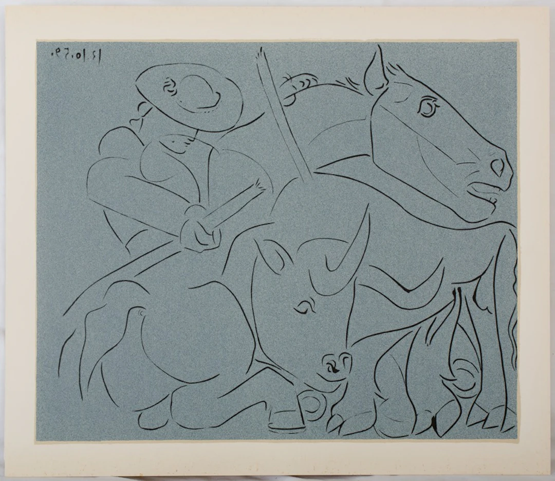 Pablo PICASSO : Taureau désarmant un picador - Linogravure (1962)