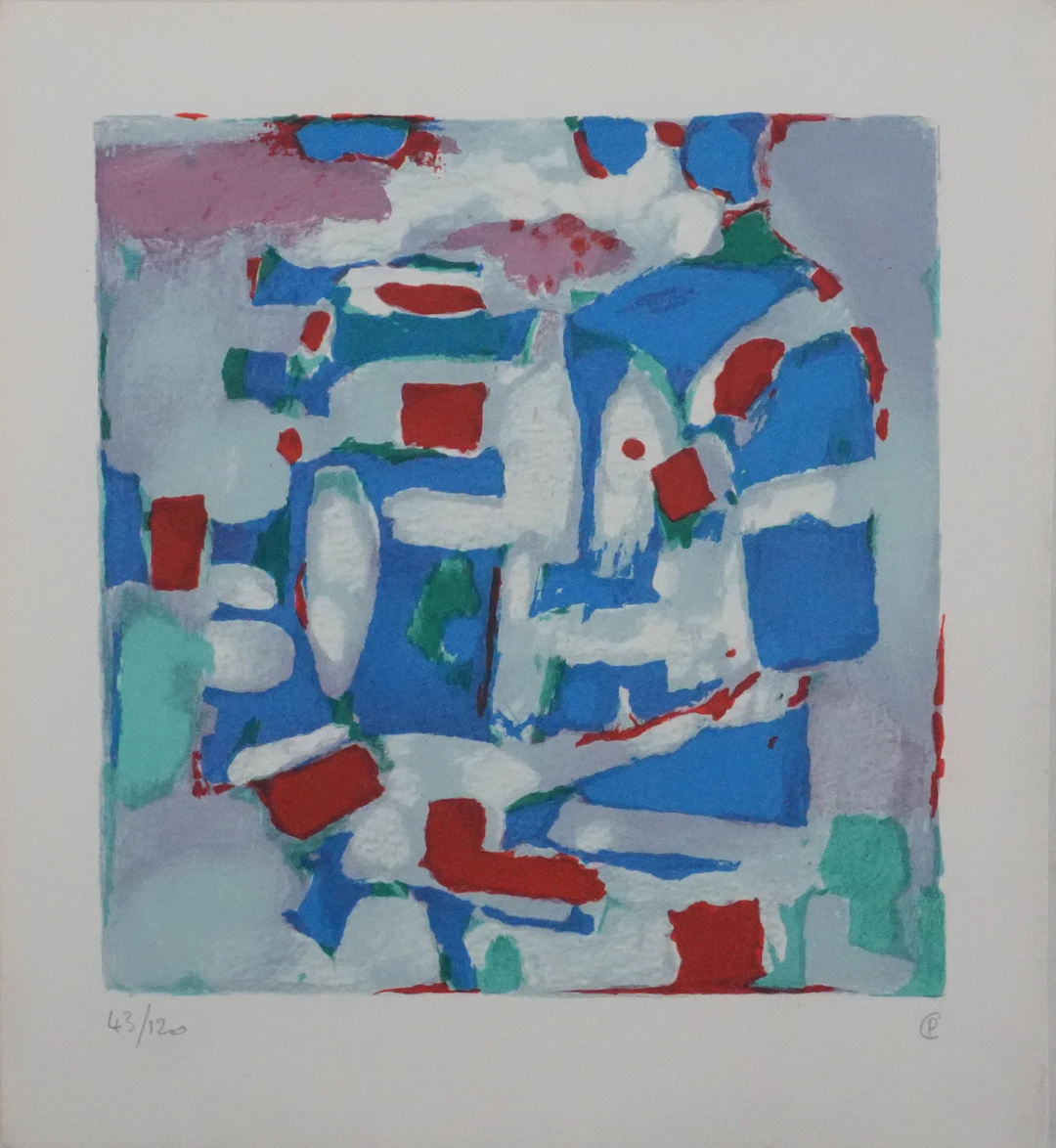 Paul CHARLOT : Composition en bleu et rouge, Lithographie originale signée