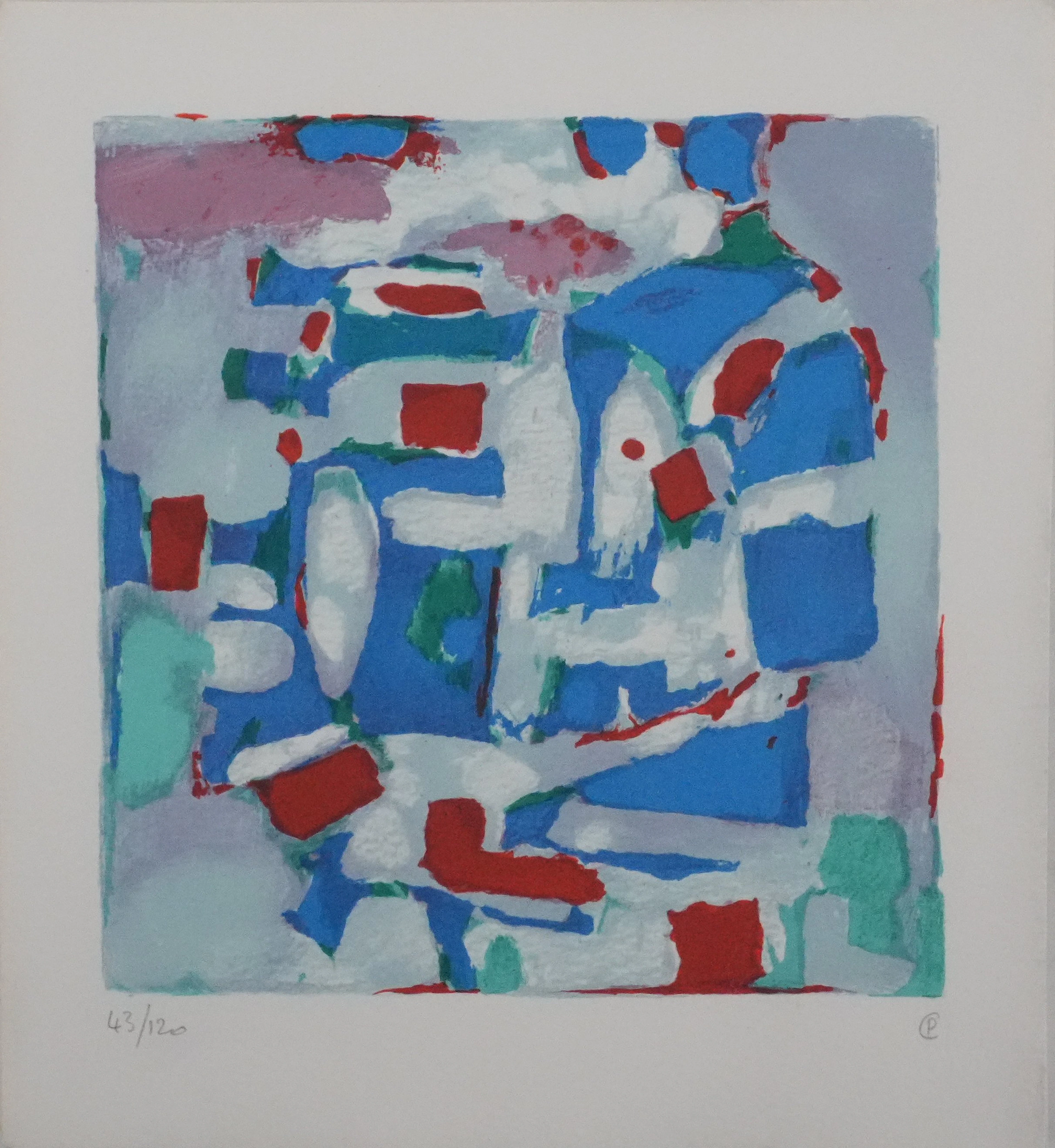 Paul CHARLOT : Composition en bleu et rouge, Lithographie originale signée