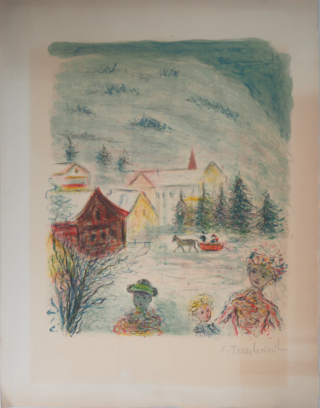 Kostia TERECHKOVITCH : Famille, Sortie en hiver - Lithographie originale signée