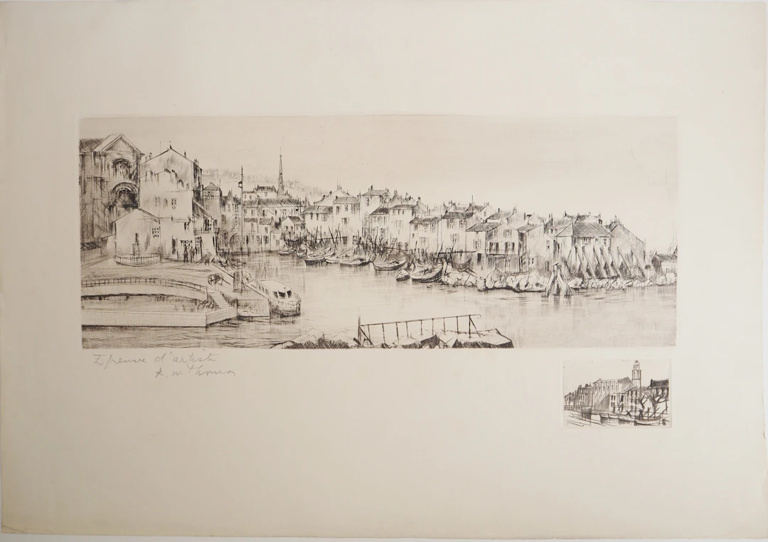 René William THOMAS - Port de plaisance, vers 1970 - Gravure originale, signée