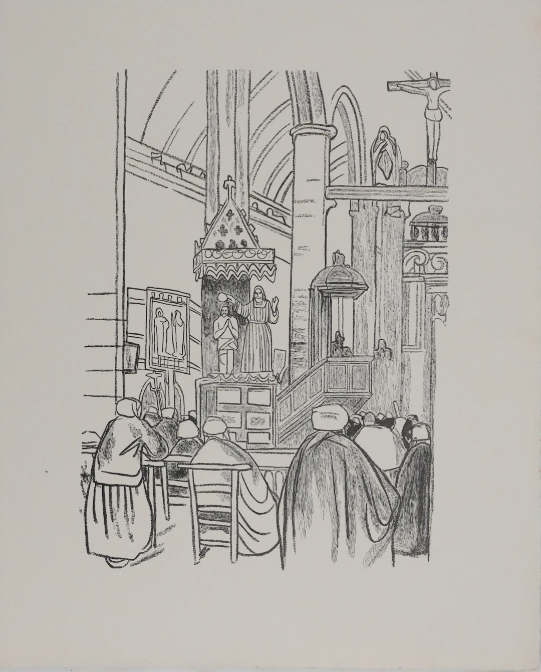 Mathurin MEHEUT : Bretagne, La messe (Noir), Gravure originale signée