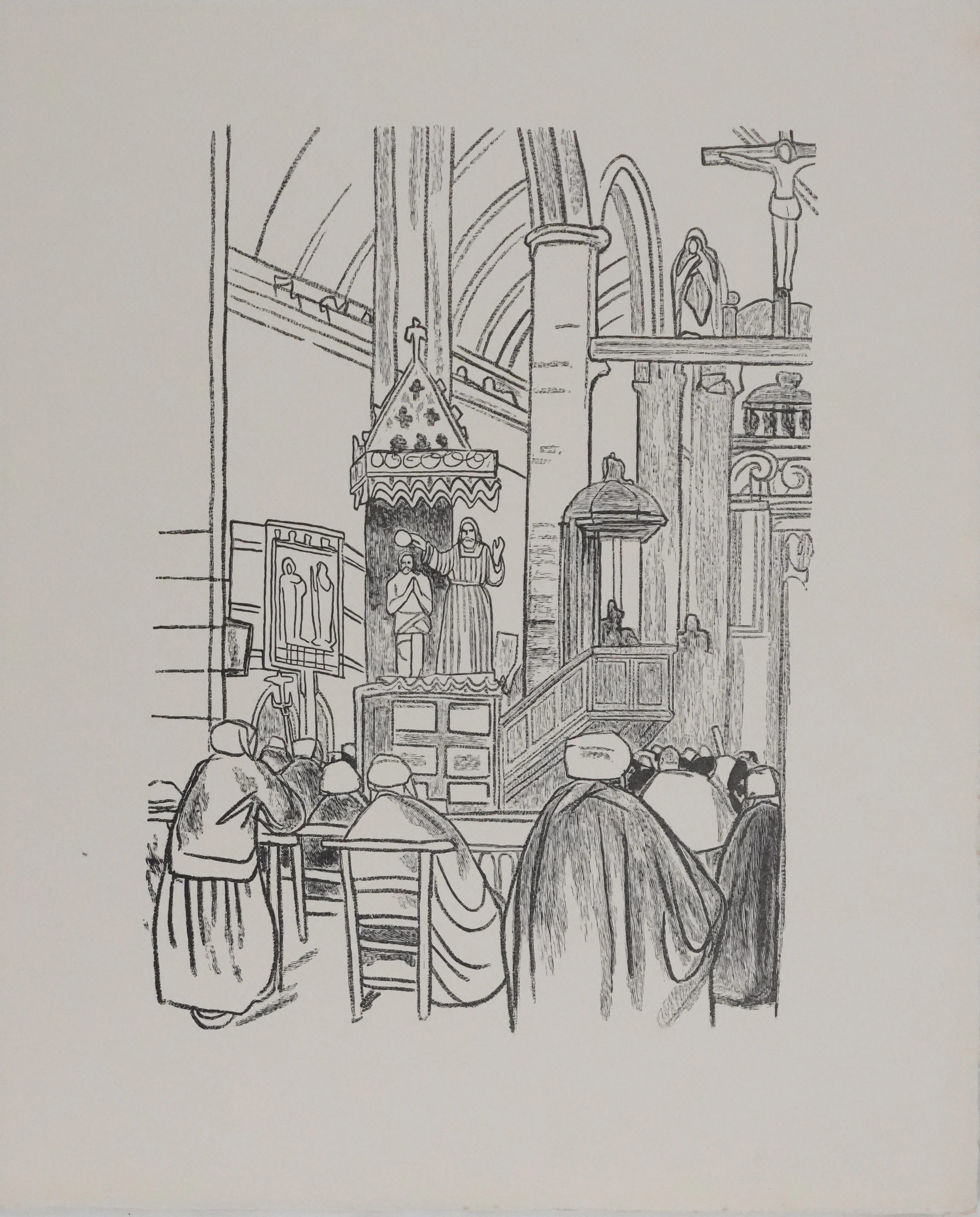 Mathurin MEHEUT : Bretagne, La messe (Noir), Gravure originale signée