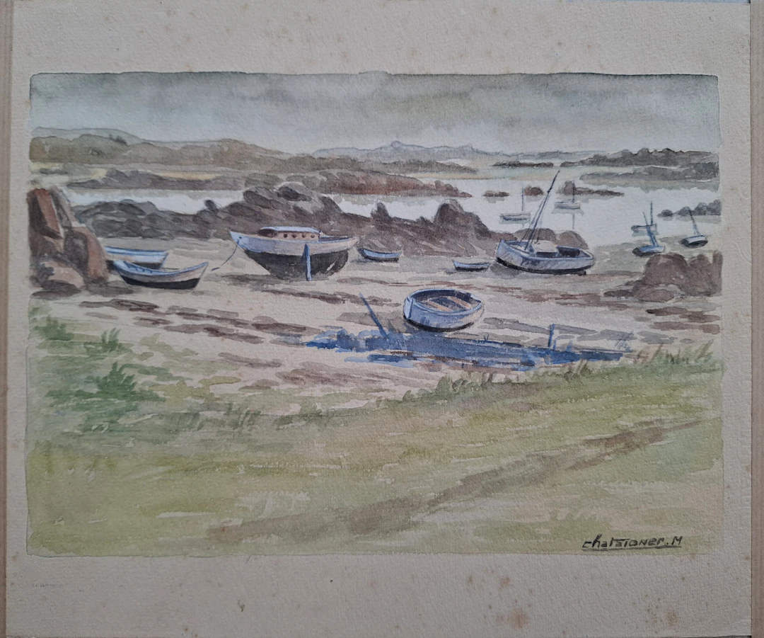 Maurice CHATAIGNIER - Chausey a marée basse , Aquarelle déposée sur un carton