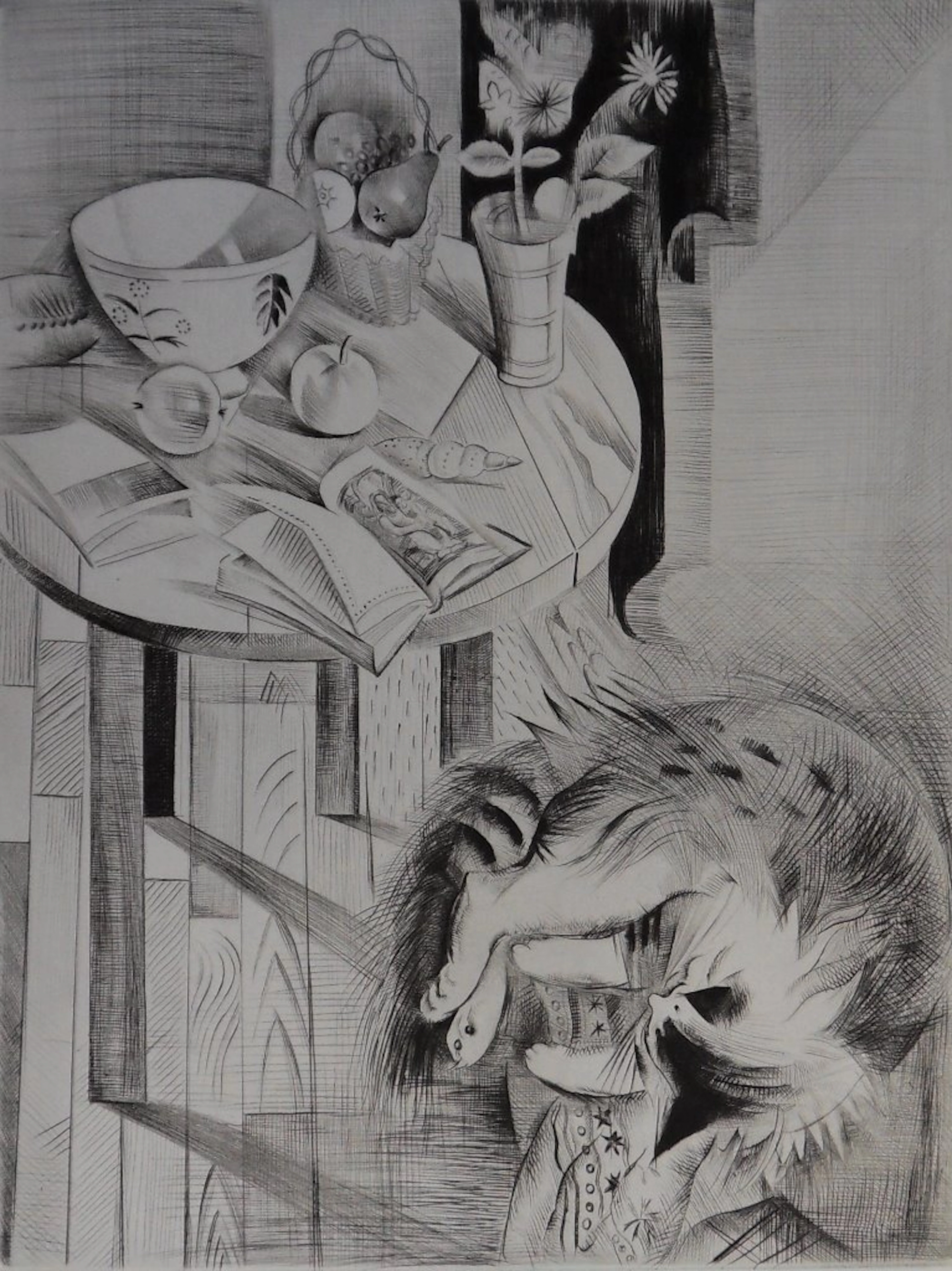 Mily POSSOZ : Le repos du chat - Gravure originale signée