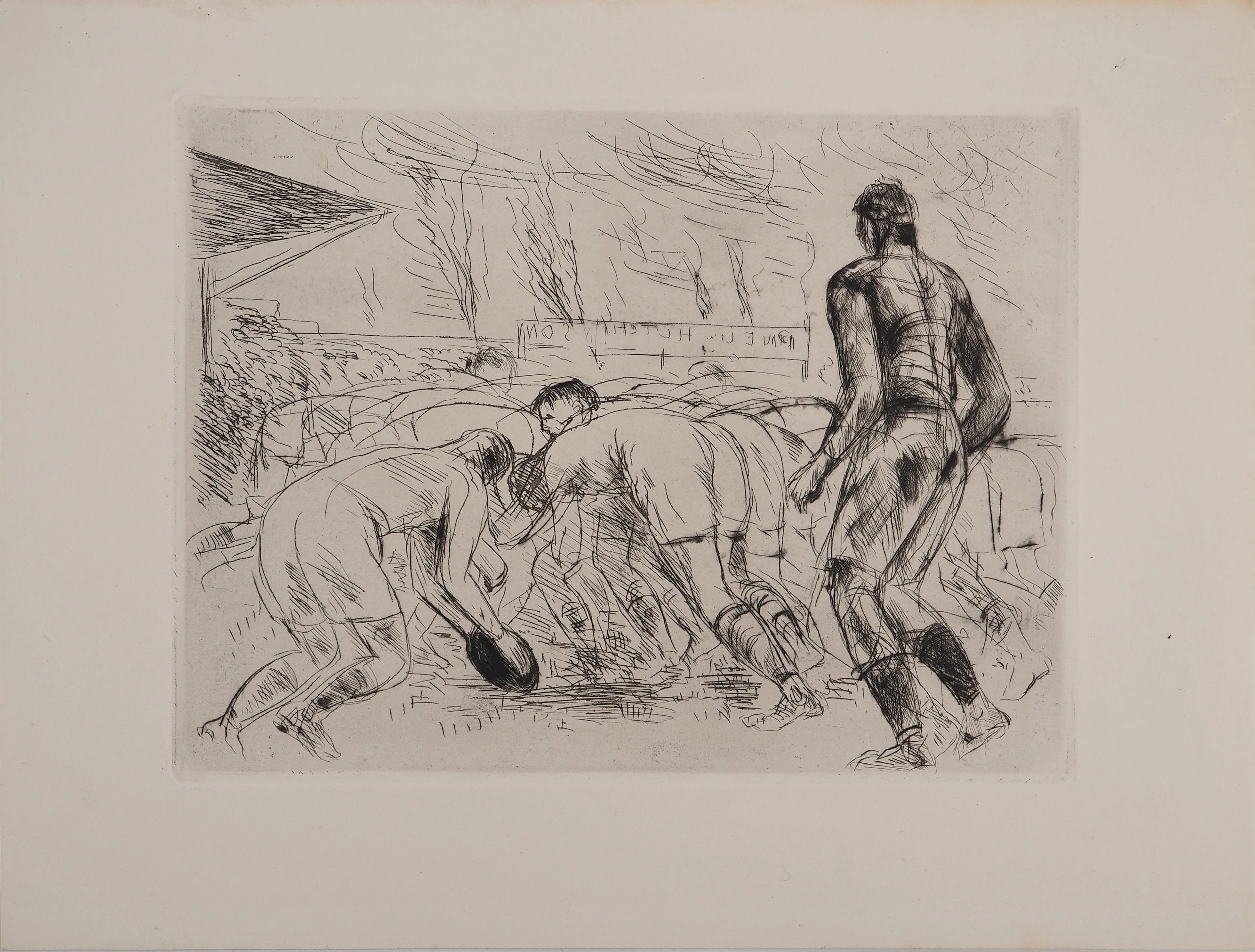 André DUNOYER DE SEGONZAC : La mêlée de rugby, Gravure originale