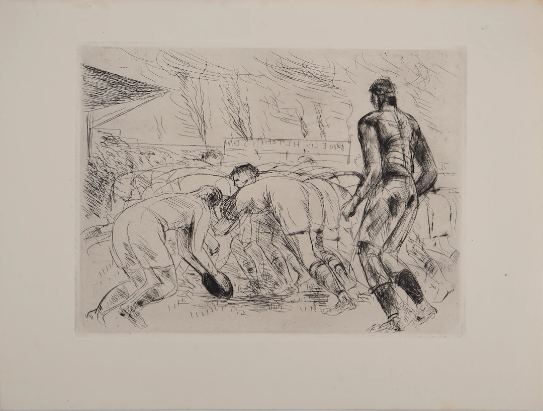 André DUNOYER DE SEGONZAC : La mêlée de rugby, Gravure originale