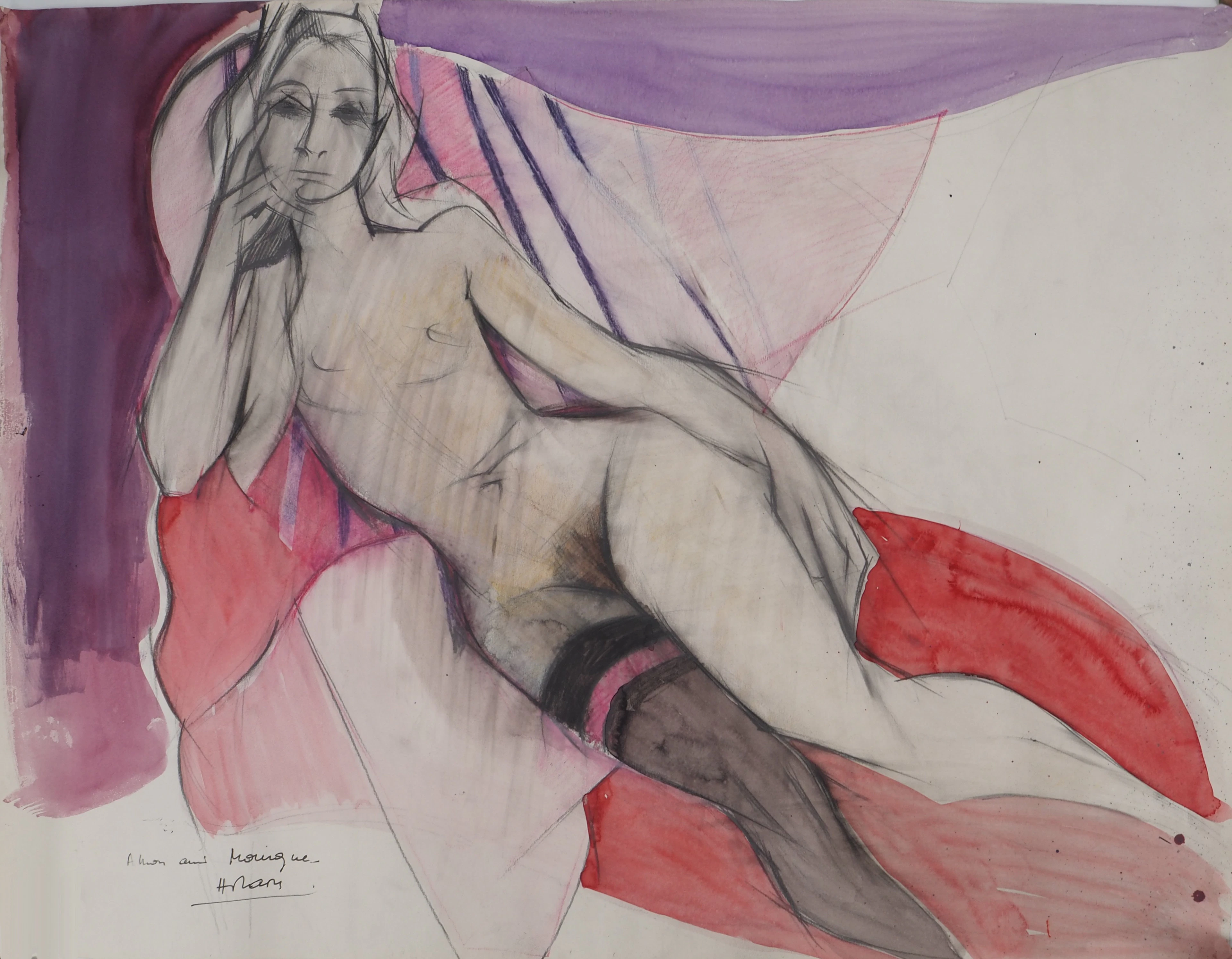 Camille Hilaire : Nu à la jarretelle - Aquarelle originale signée