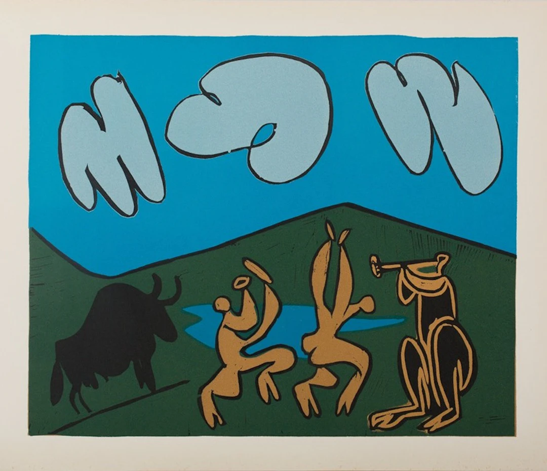 Pablo PICASSO : Bacchanale au taureau noir, Linogravure