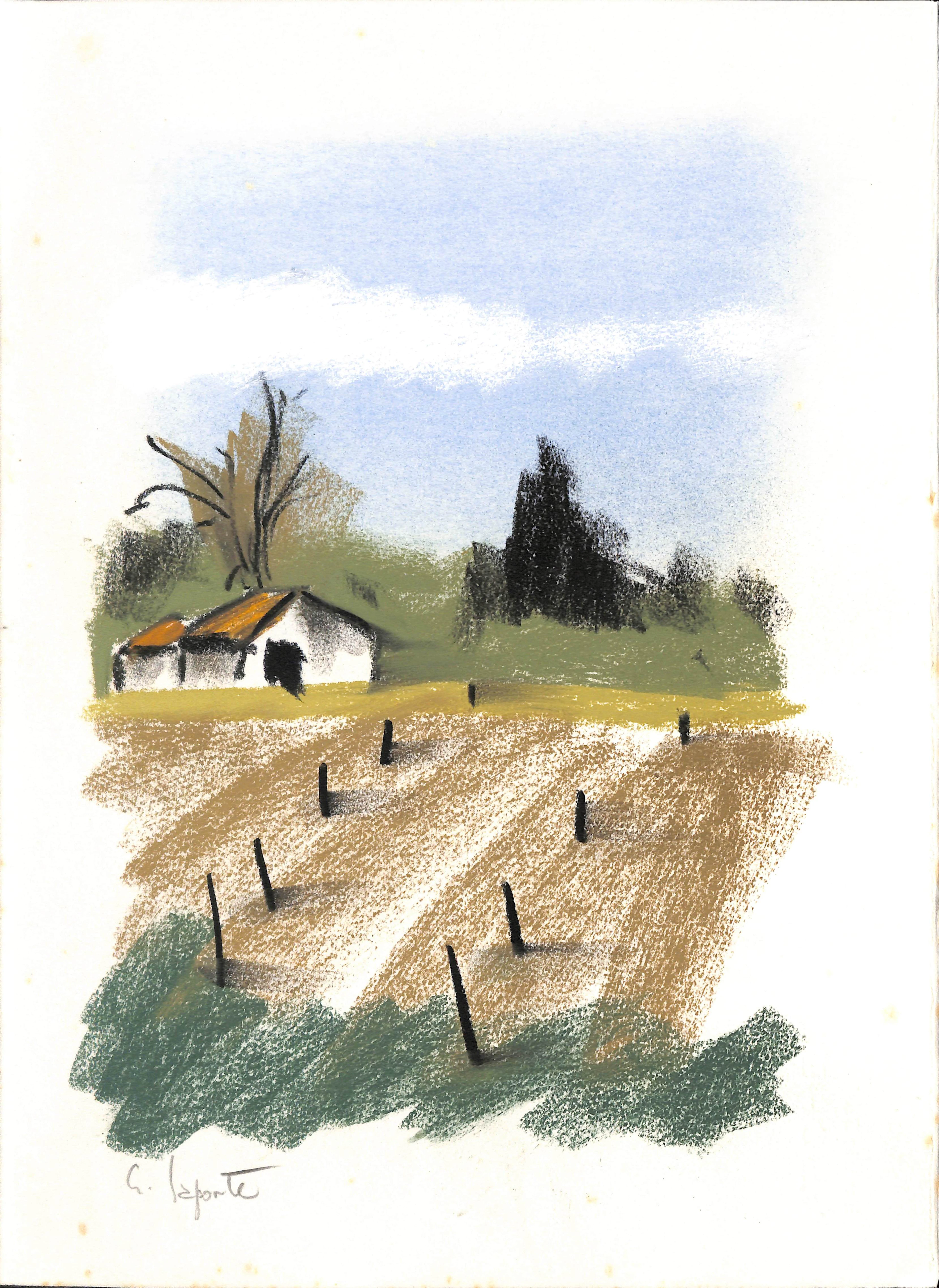 Georges LAPORTE - Les champs des Bastides, 1974 - Dessin original