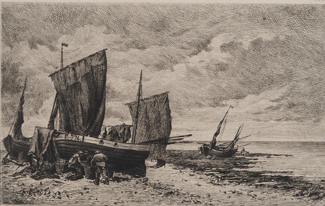 Emile Vernier : Pêcheurs Normands - Gravure, Signée #Durand Ruel 1873