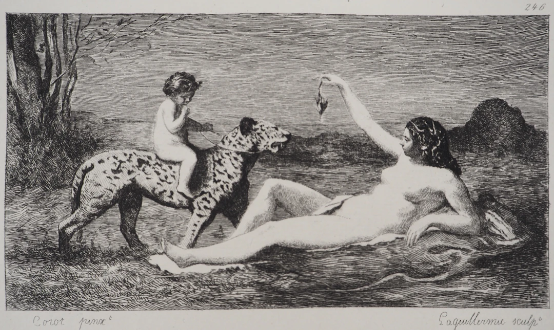 JB Camille COROT (d’après), La mère l’enfant et le guépard - Gravure, Signée