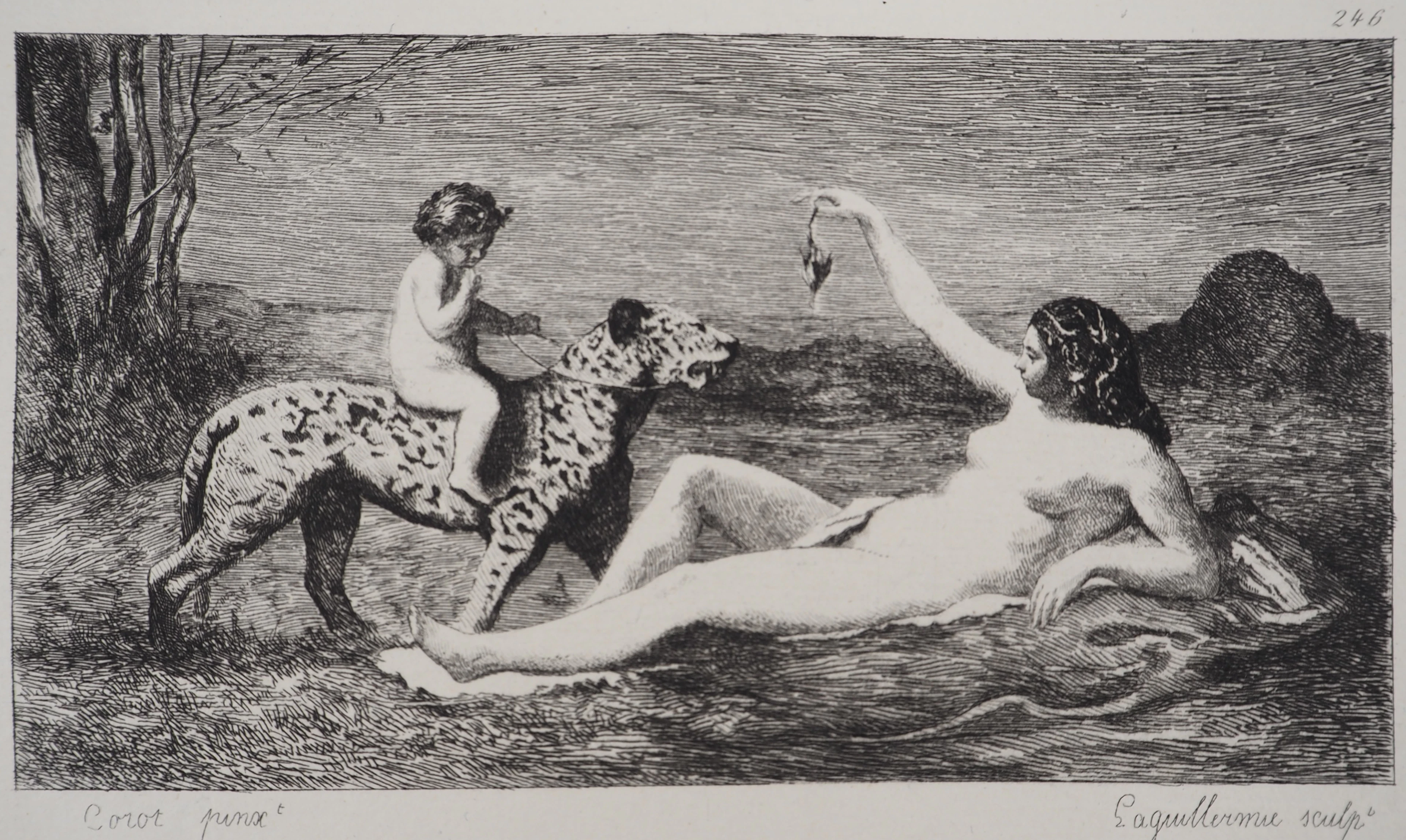 JB Camille COROT (d’après), La mère l’enfant et le guépard - Gravure, Signée
