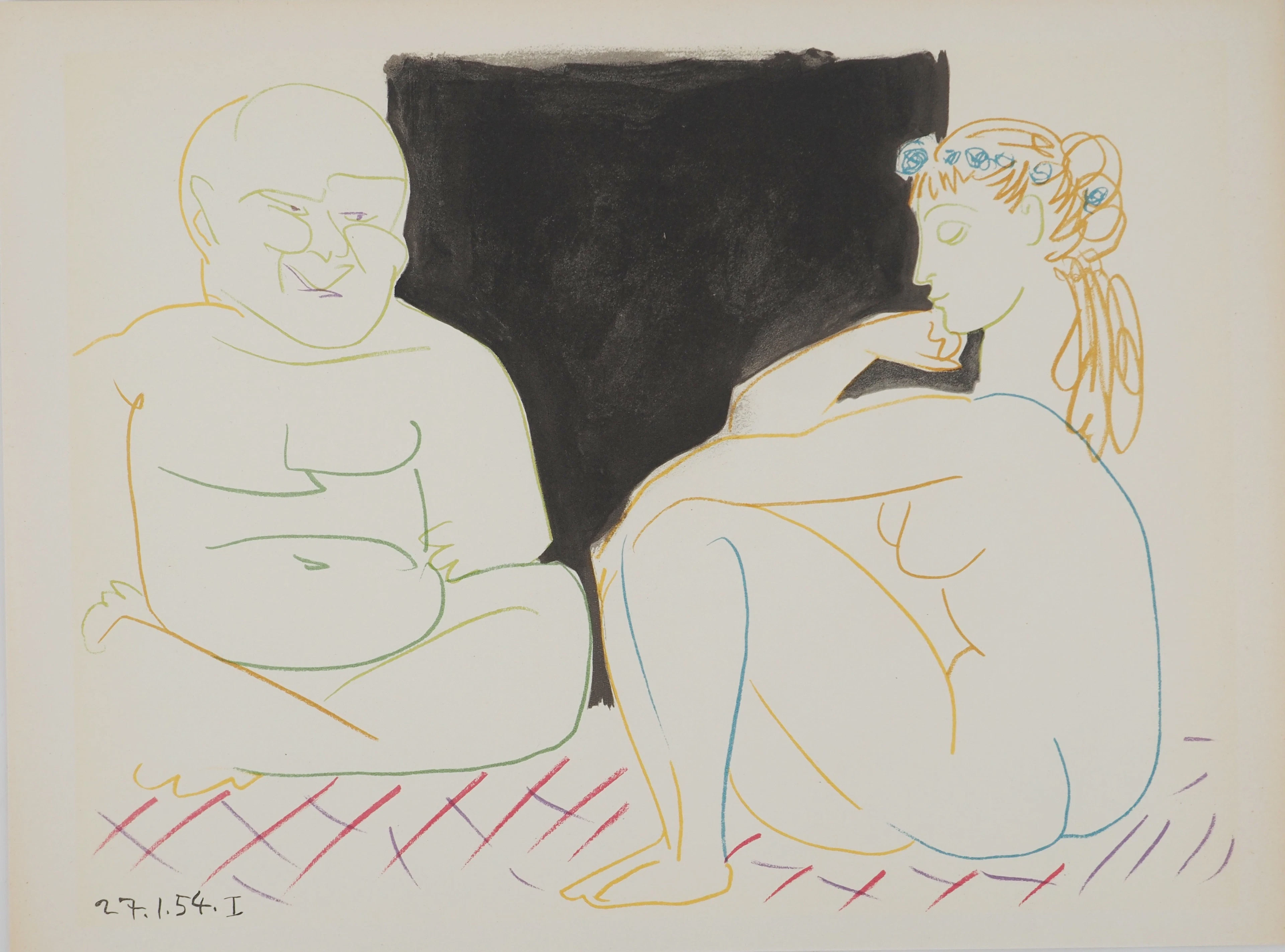 Pablo PICASSO : La jeune fille à la coiffe et le vieillard, Lithographie