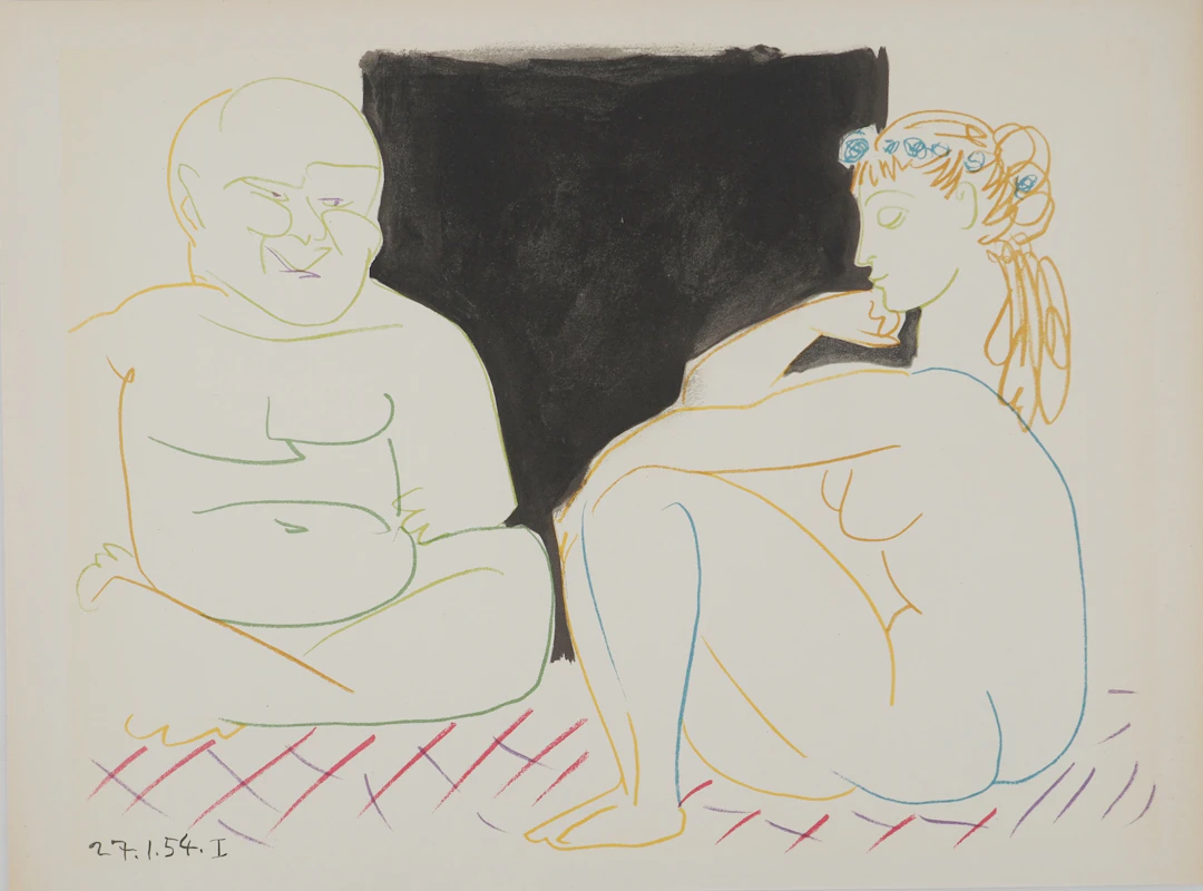 Pablo PICASSO : La jeune fille à la coiffe et le vieillard, Lithographie
