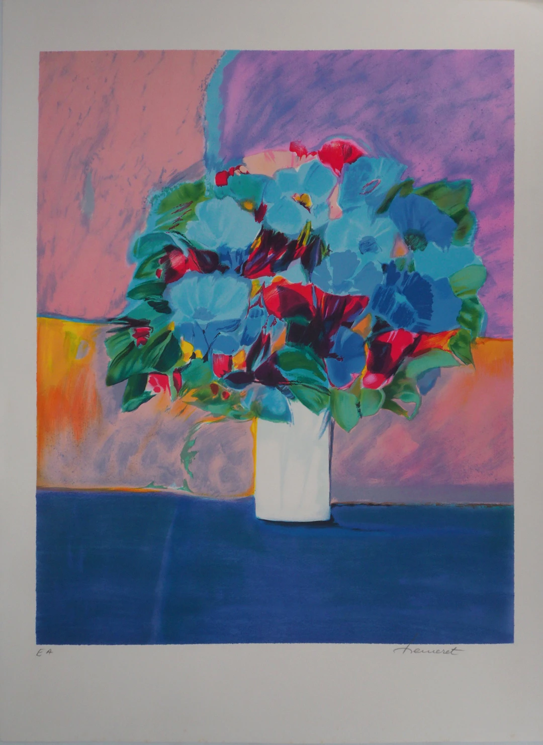Claude HEMERET : Bouquet multicolore - Lithographie Originale Signée