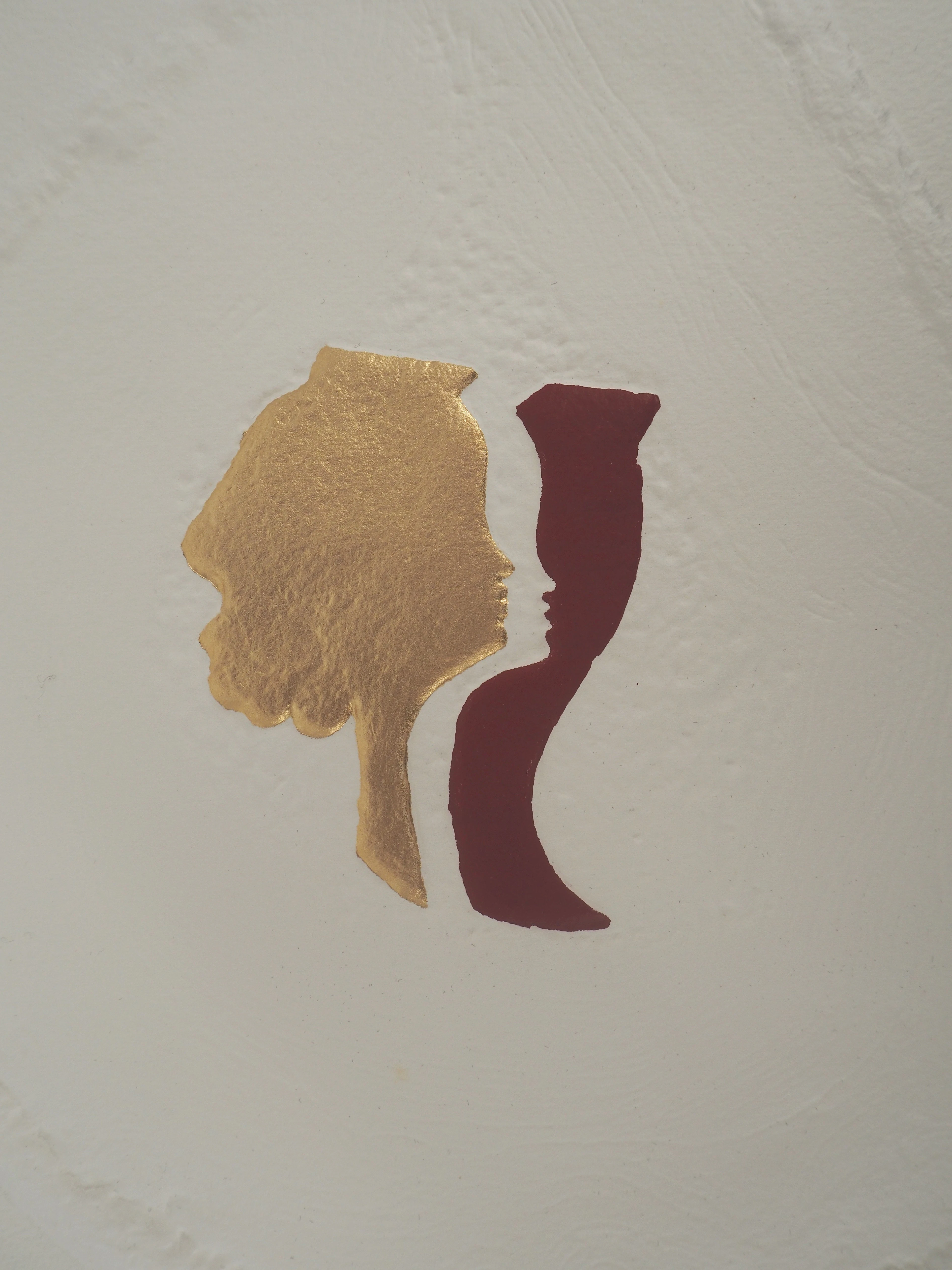 Georges BRAQUE : Les amoureux de profil, Gravure réhaussée à l’or